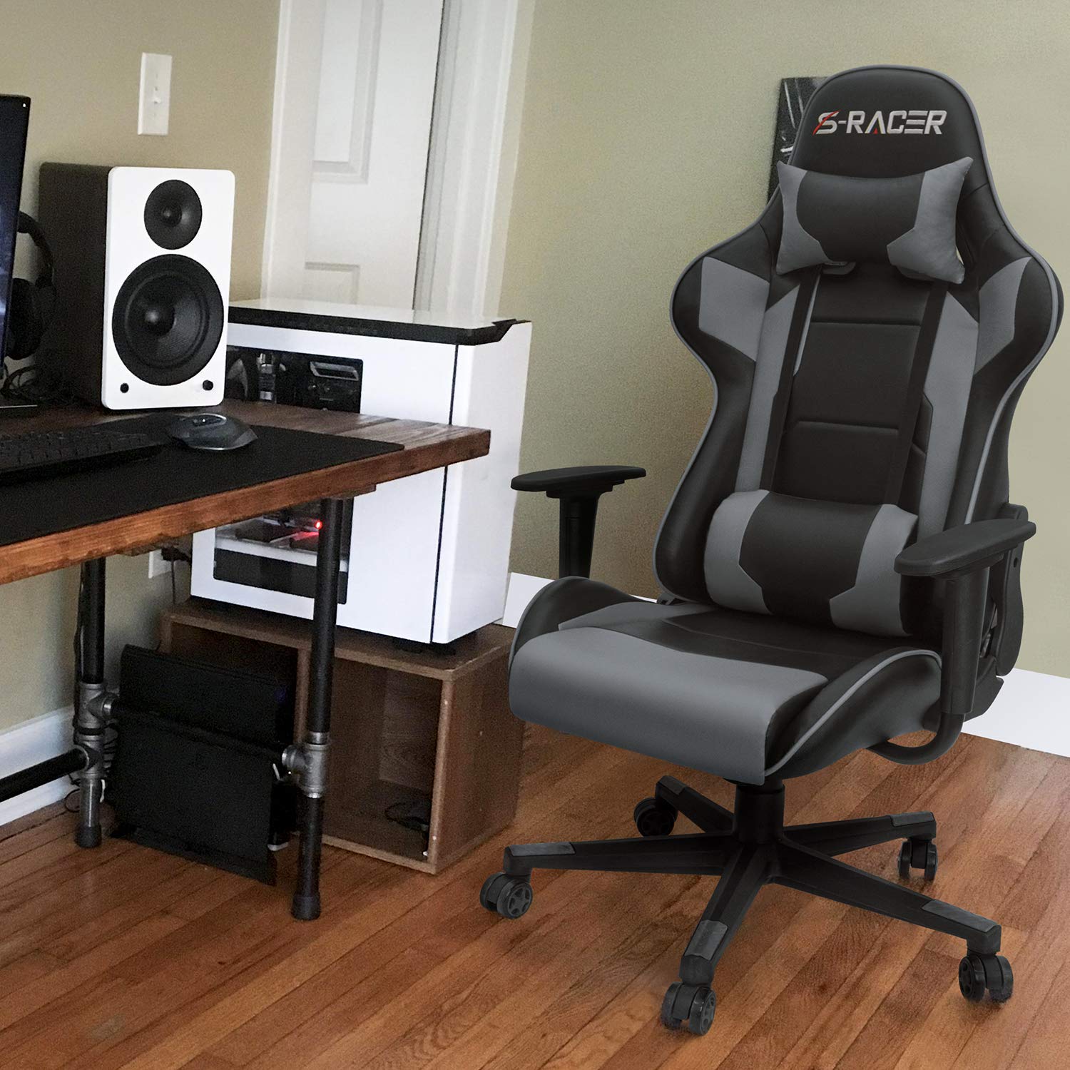 Homall Ergonomic Gaming Chair - High Back Office Chair with Adjustable Headrest & Lumbar Support, Leather Computer Desk Chair for Racing Style Executive Workstation (Grey) - Perfect for Home Office, Gaming Setup & Professional Workspaces