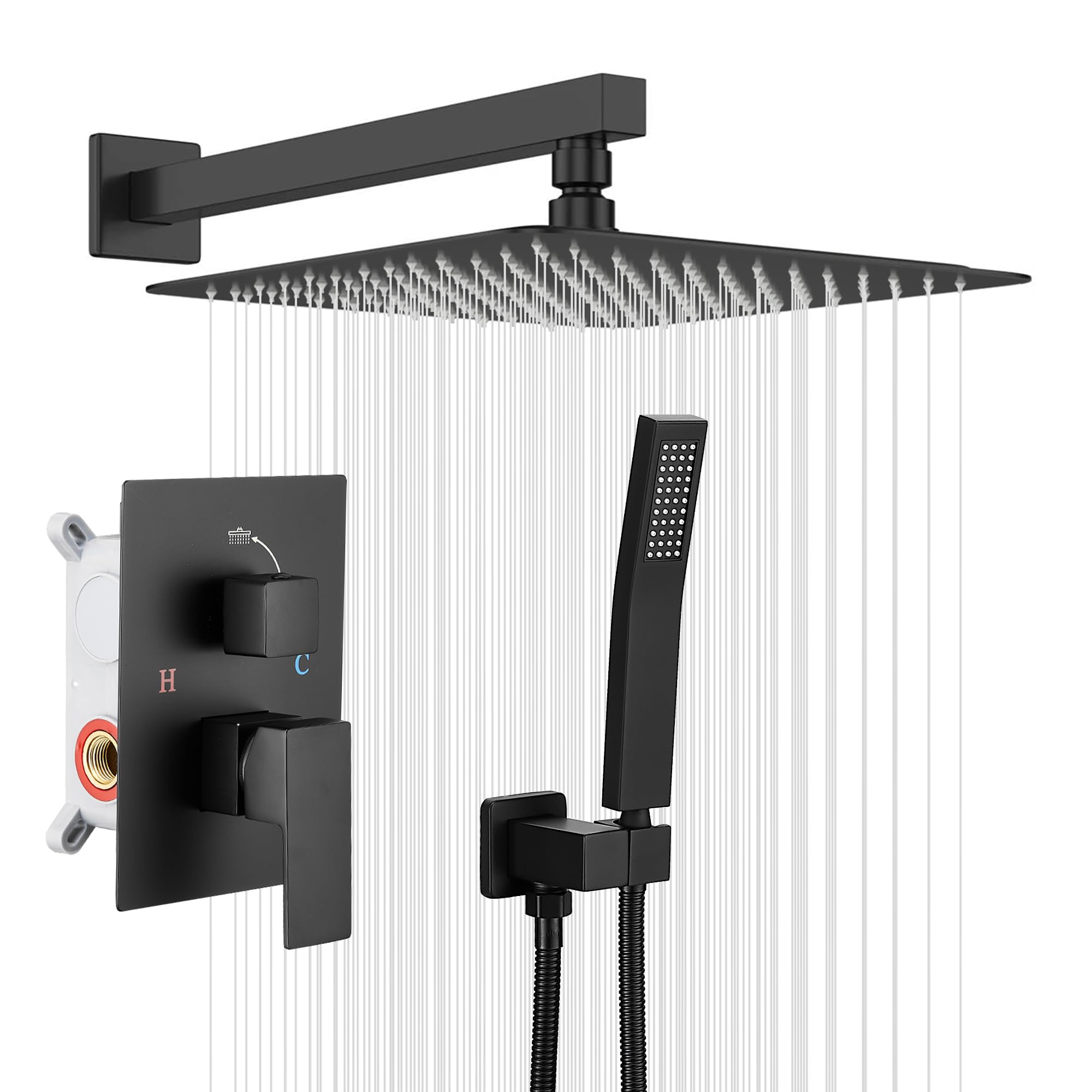 10 Inch Square Stainless Steel Rainfall Shower System - Black GGStudy Shower Faucet Trim Kit with Rough-in Valve, Handheld Spray & Metal Shower Head for Modern Bathroom Renovation | Perfect for Spa-Like Experience and Water-Saving Bathing