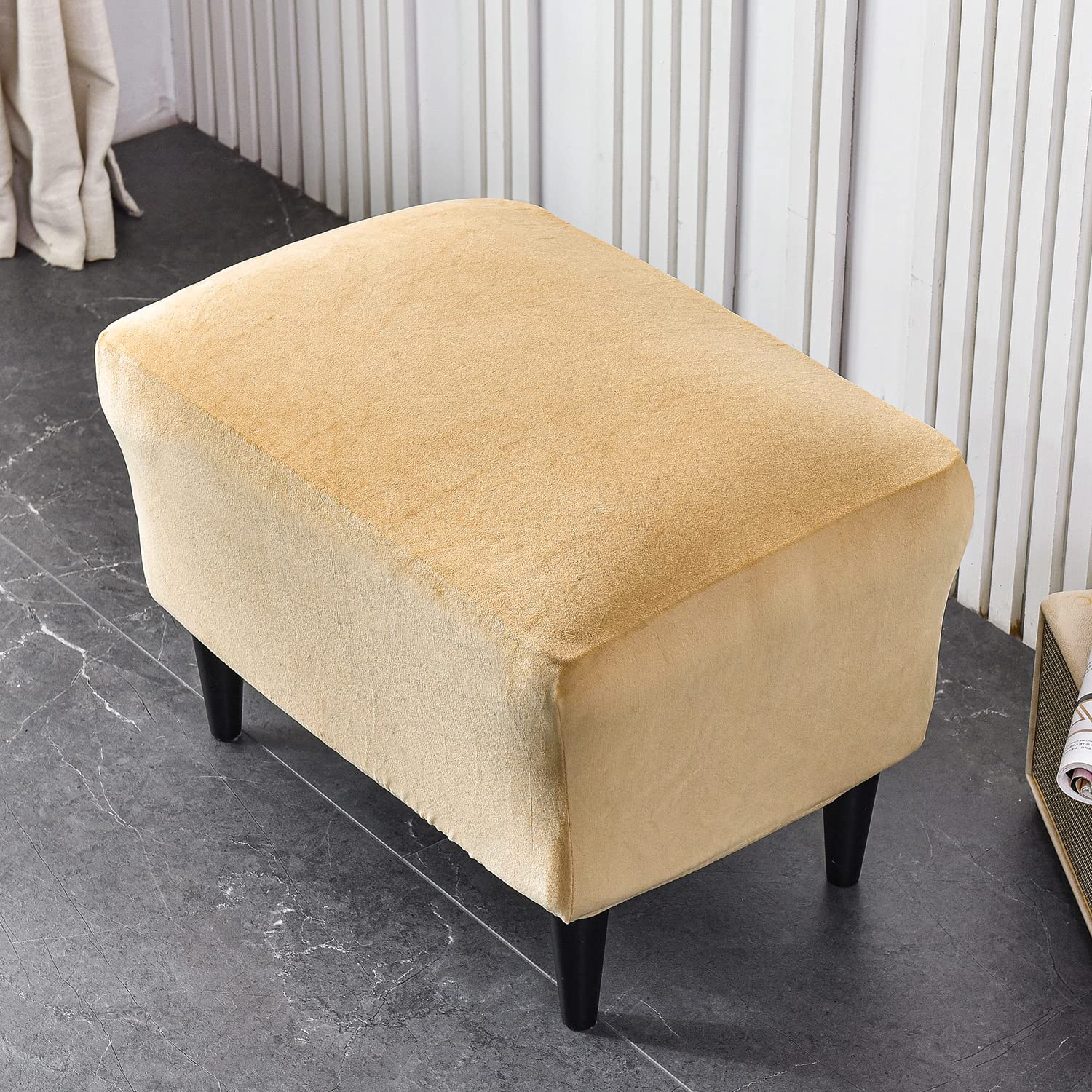 Velvet Ottoman Slipcover - Stretch Rectangle Storage Stool Cover, Beige Footstool Protector for Living Room Furniture | Perfect for Home Decor & Sofa Protection