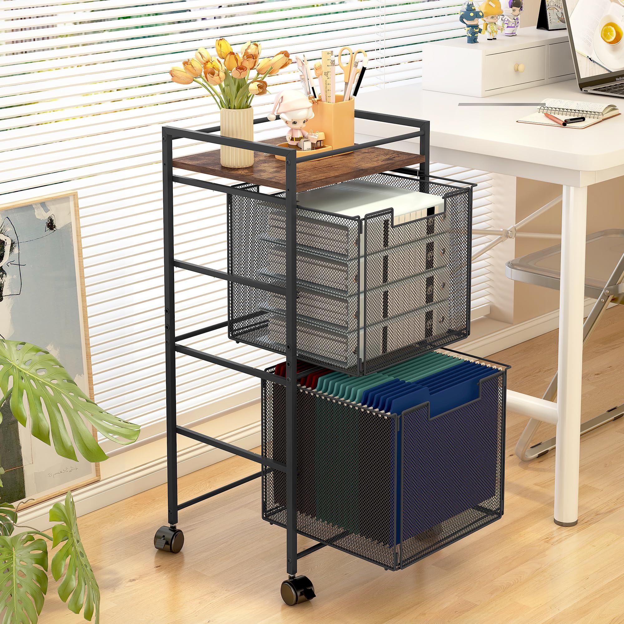 Mobile File Cart with 2 Drawers & Wheels - Home Office & Classroom Storage - Rustic Brown