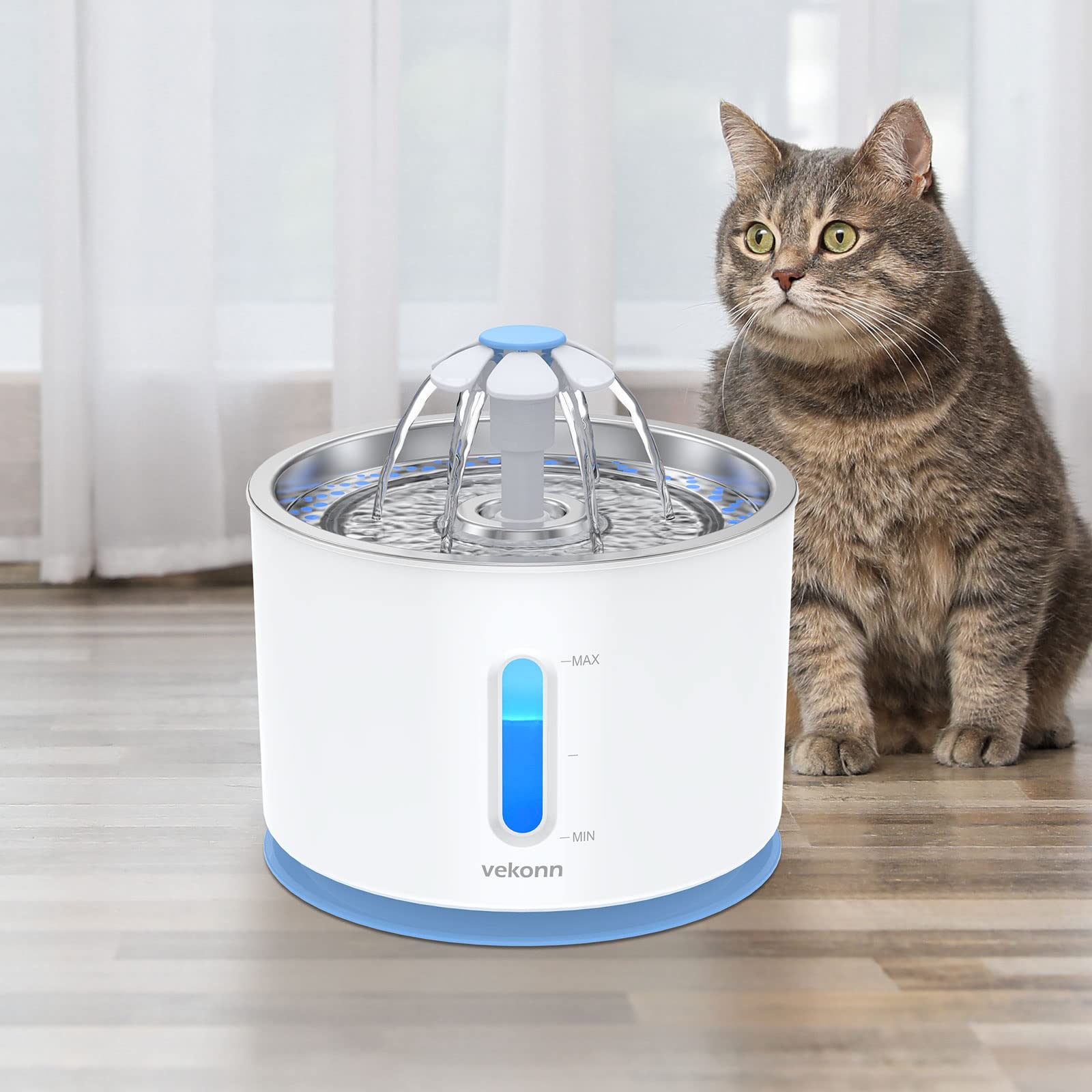 Stainless Steel Cat Water Fountain with LED Light & Water Level Window - Automatic Pet Drinking Fountain for Small Dogs & Cats (Blue) - Perfect for Home, Office, or Travel Use