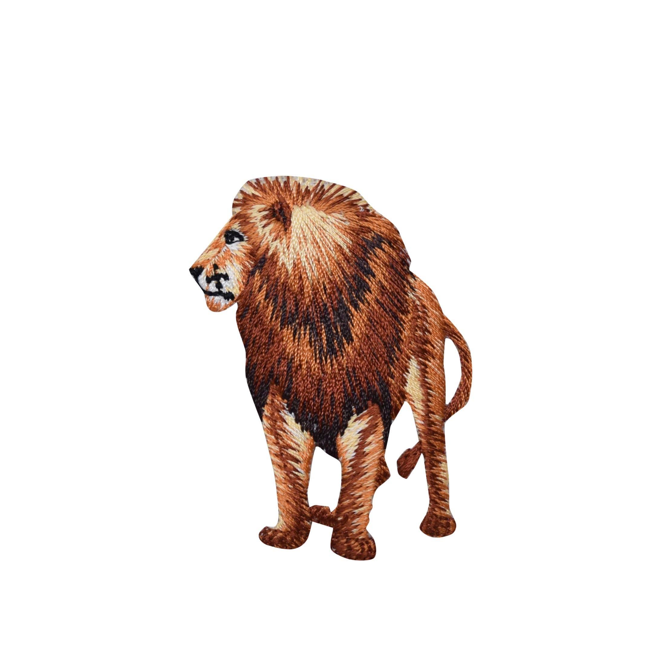 African Lion Standing Facing Left Embroidered Iron On Patch - DIY Sewing Applique for Jackets, Hats, Bags & Costumes