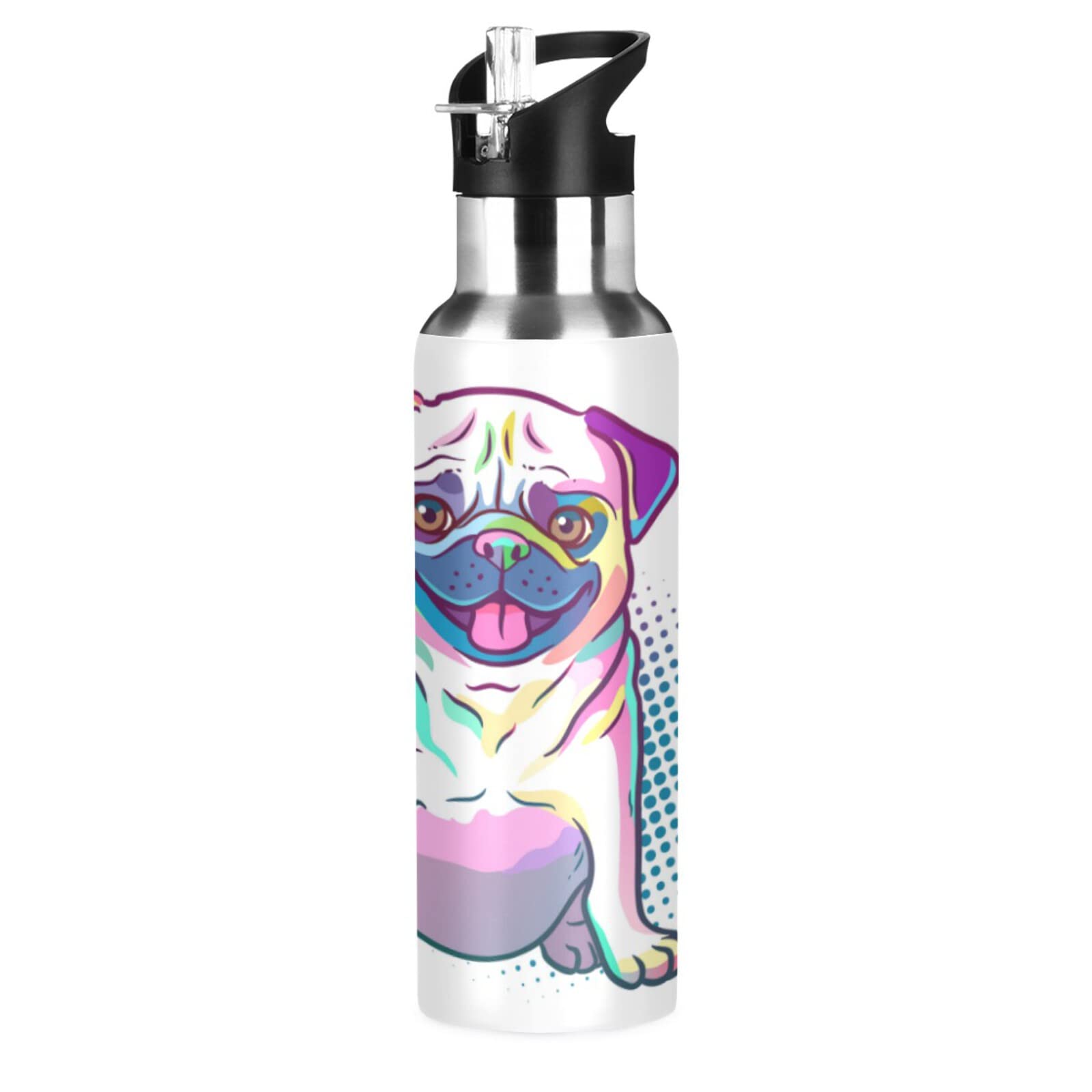 Rainbow Pug Dog Water Bottle - 20oz Stainless Steel Vacuum Insulated with Straw Lid, Cute Polka Dot Animal Design - Perfect for School, Gym, Hiking & Outdoor Activities
