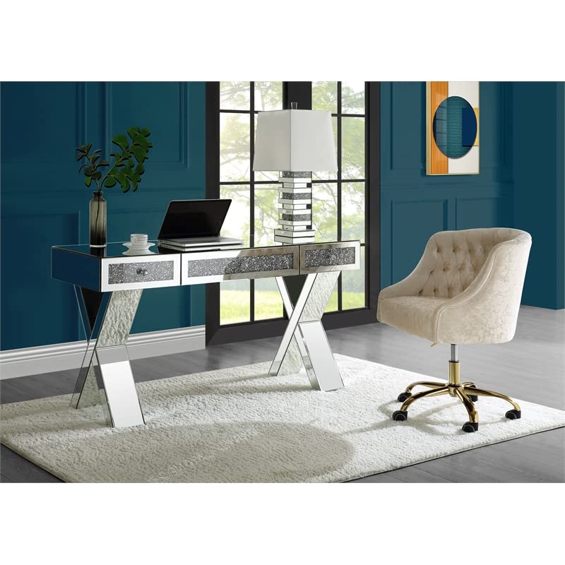 Acme Noralie Wood Frame Rectangular Writing Desk with Mirror & Faux Diamond Accents - Perfect for Home Office, Study Room & Modern Workspace Decor