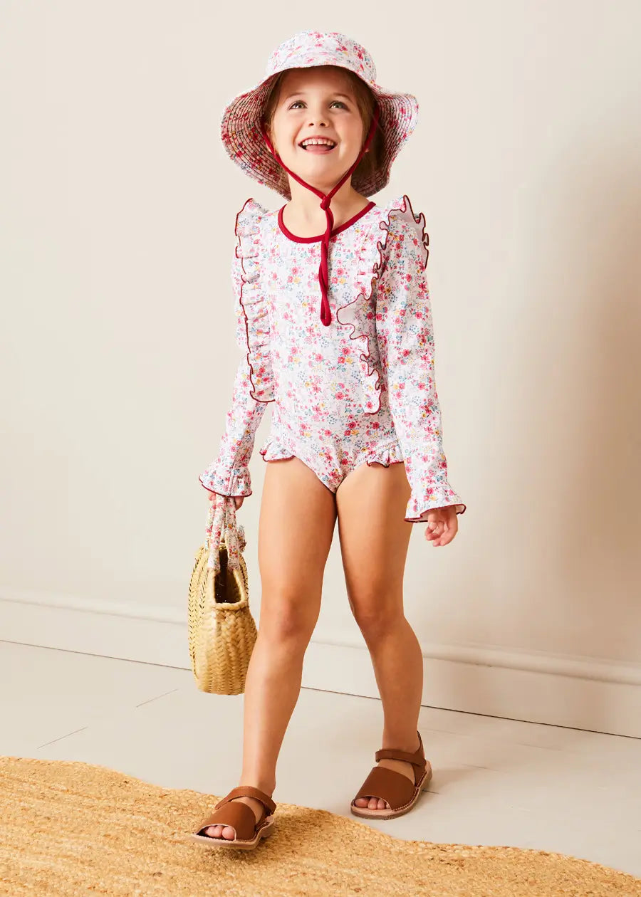 Louisa Floral Ruffle Trim Long Sleeve Swimsuit for Girls 2-10 Years | Pink Swimwear with UV Protection | Perfect for Beach, Pool & Summer Vacations