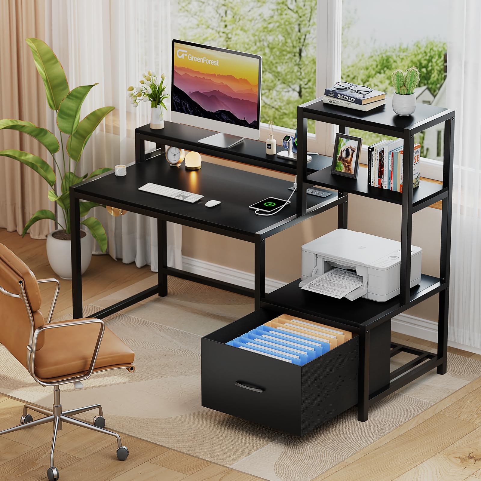 GreenForest 51-inch Computer Desk with Drawers & Monitor Stand - Home Office Desk with Storage Shelves, Power Outlets & LED Lights - Ergonomic Gaming & Study Desk for Small Spaces (Black) - Perfect for Remote Work, Online Classes & PC Gaming Setup