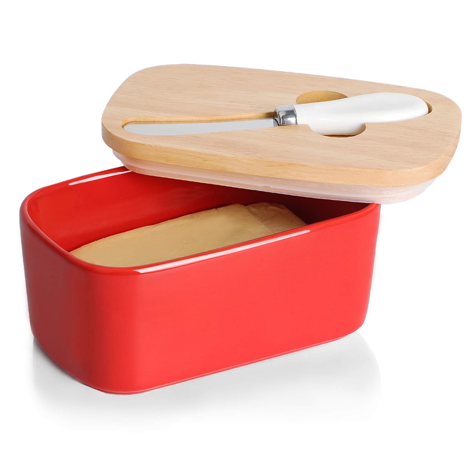 Premium Large Ceramic Butter Dish with Silicone Seal - Natural Wood Lid & Stainless Steel Butter Knife - Elegant Kitchen Decor & Practical Countertop Butter Keeper - Perfect Housewarming Gift (Red) - Ideal for Breakfast Tables, Bakeries & Farmhouse Kitchens