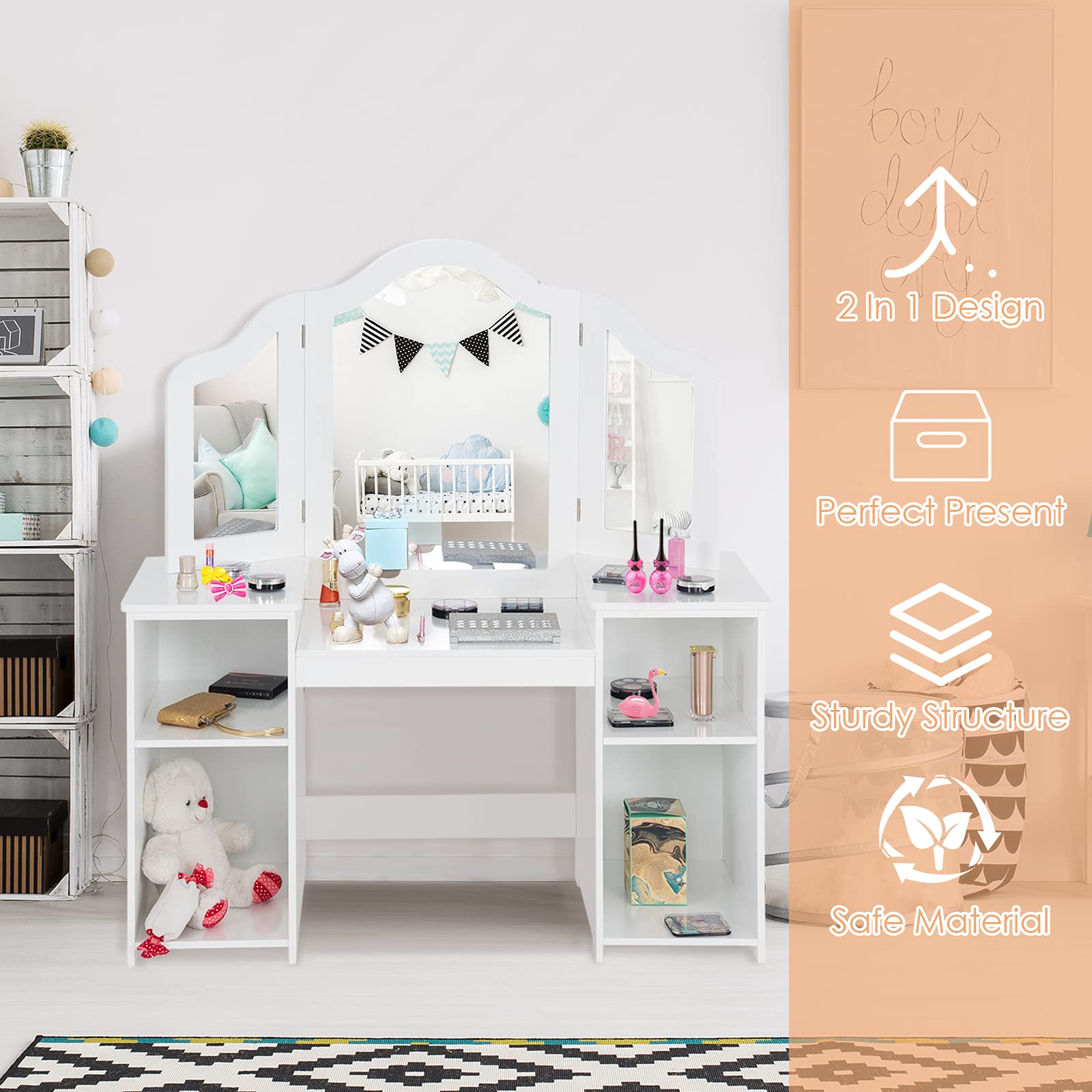MAT EXPERT Kids Vanity Table Set with Tri-Folding Mirror - Wooden Princess Dresser with 4 Storage Shelves & Detachable Plastic Mirror - Pretend Play Makeup Dressing Table for Girls (White) - Perfect for Bedroom Decor & Imaginative Playtime