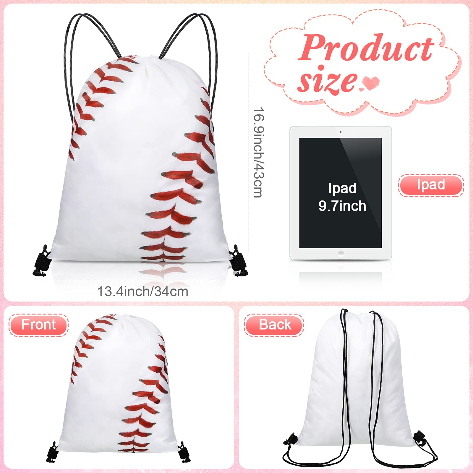 8-Piece White Baseball Pattern Drawstring Party Favor Bags - Sports Gym Backpack Pouches for Kids Birthday Favors, Team Events & School Activities