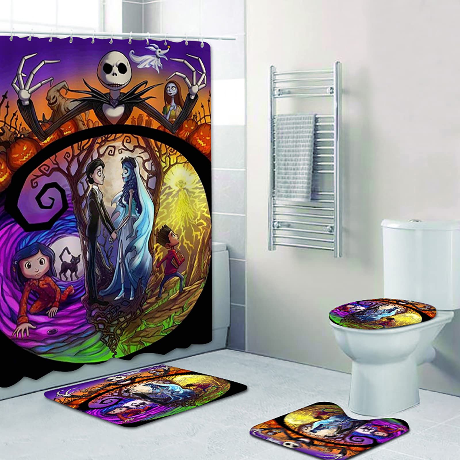 NEWSUYAA Halloween Shower Curtain Set with Non-Slip Bath Rugs & Mats, Bathtub Curtain with 12 Hooks - Waterproof Bathroom Decor for Spooky Halloween Party & Themed Home Decor