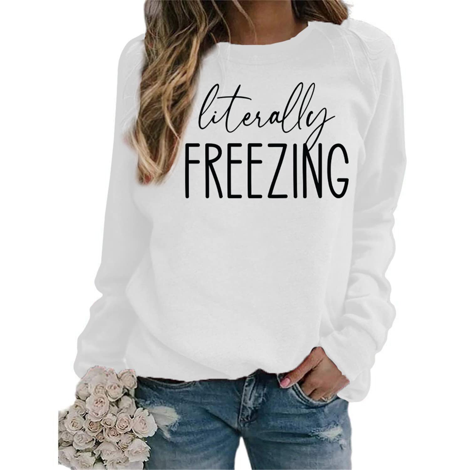 Funny Freezing Casual Sweatshirt for Women - Long Sleeve Crewneck Loose Pullover Top | Cozy Winter Wear, Lounge Outfit, Casual Everyday Fashion
