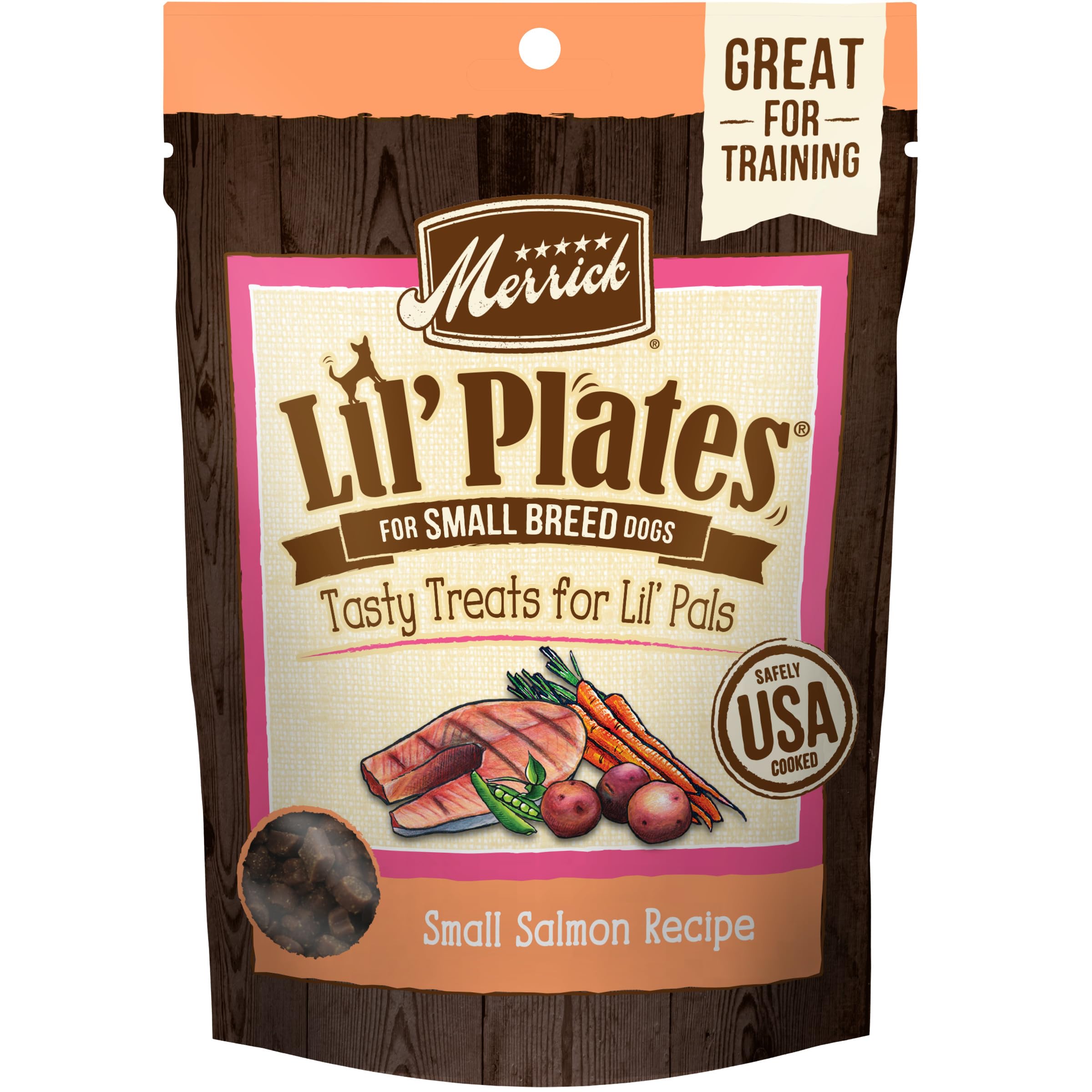 **Merrick Lil’ Plates Grain-Free Small Dog Treats - Natural Training Treats for Small Dogs, Salmon Recipe, 5 oz Pouch - Perfect for Puppy Training & Rewards**