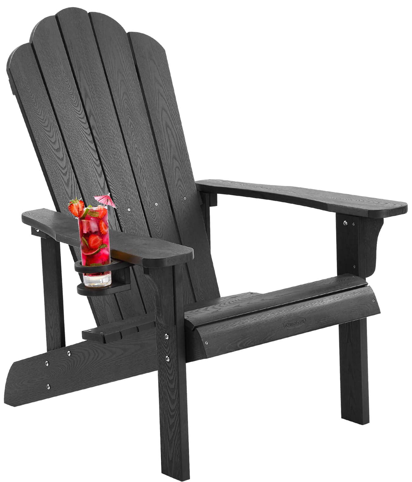 Weather-Resistant Hard Plastic Adirondack Chair with Cup Holder - Imitation Wood Stripes, Easy Assembly & Maintenance - Perfect for Patio, Backyard, Deck, Fire Pit & Porch - Black Outdoor Furniture for Relaxing & Entertaining