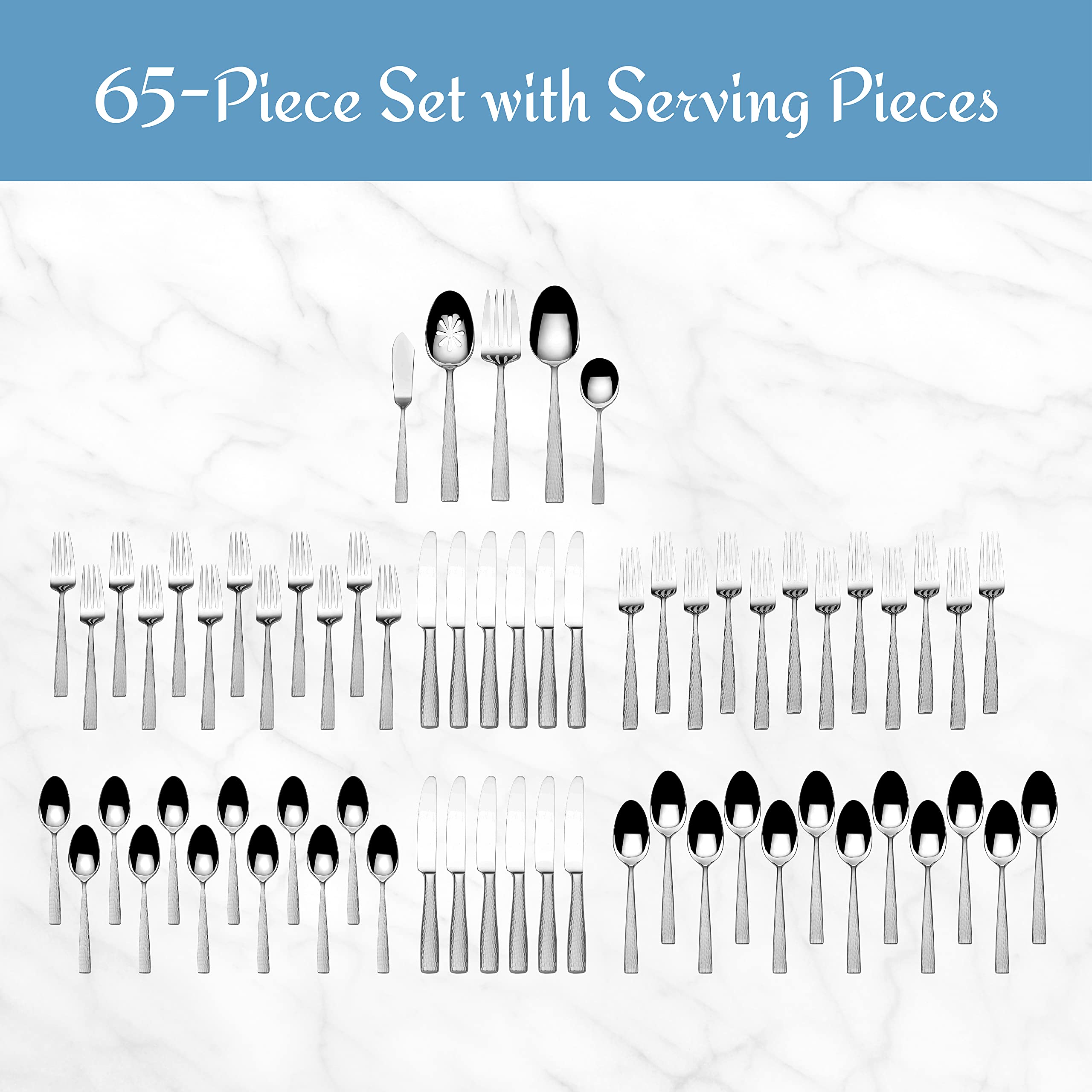 Premium Mikasa Oliver Satin 65-Piece 18/10 Stainless Steel Flatware Set for 12 - Elegant Silverware with Serving Utensils - Perfect for Dinner Parties, Weddings & Formal Dining