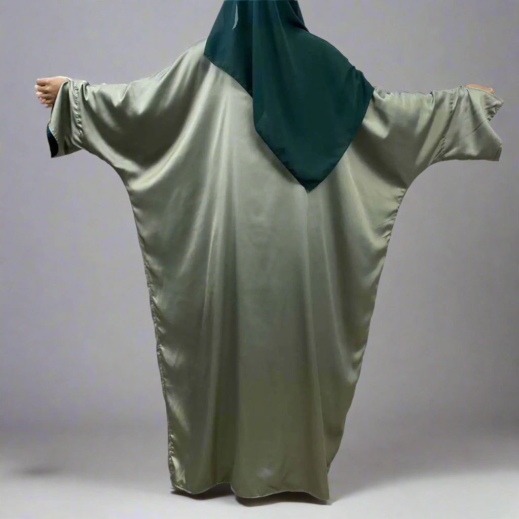 Reversible Satin Batwing Sleeve Farasha Cardigan Open Abaya Dress for Women - Elegant Muslim Abaya Dress for Prayer, Wedding & Special Occasions