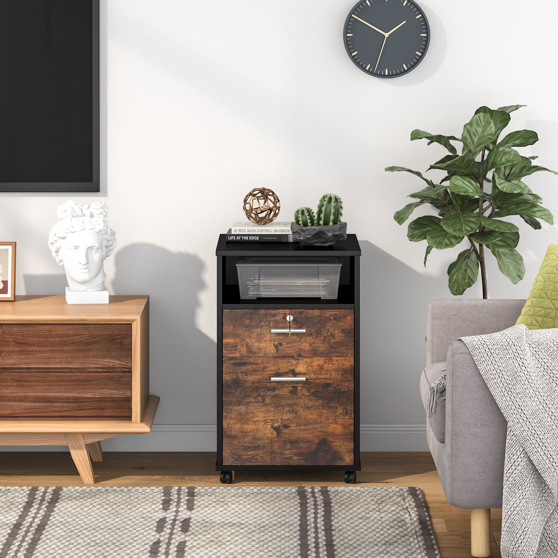 2-Drawer Locking File Cabinet & Mobile Printer Stand - Compact Office Storage Solution for Home & Workspace Organization
