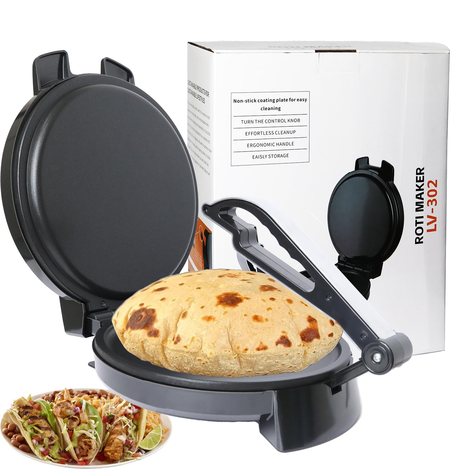 Electric Roti Maker Machine - 10 Inch Non-Stick Tortilla Press with Adjustable Temperature & Removable Handle - Perfect for Making Roti, Chapati, Tortillas at Home or Restaurant