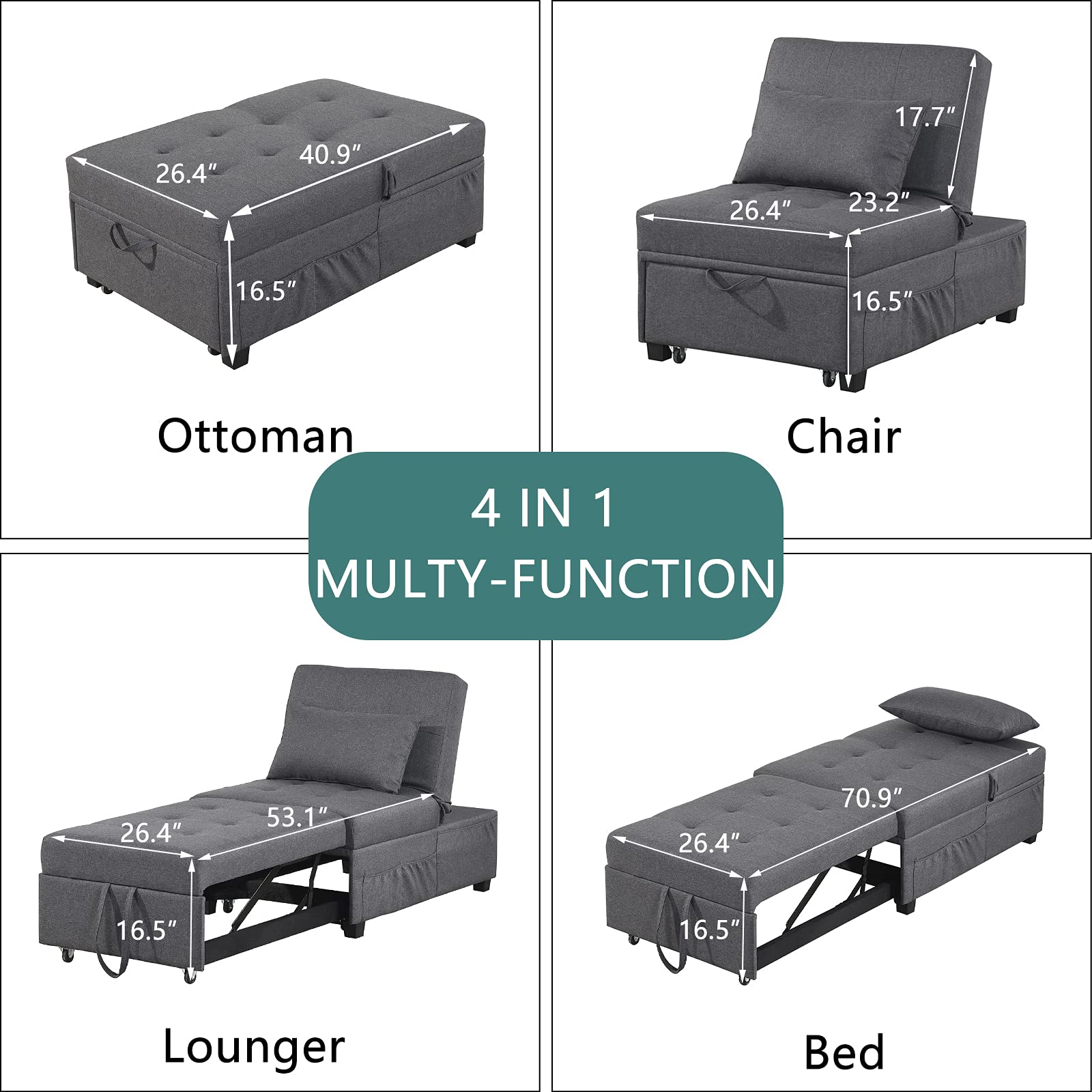 2-in-1 Convertible Sleeper Chair Bed Set with Tufted Ottoman, Pillow & Side Pockets - Space Saving Armless Sofa Bed for Small Apartments, Guest Rooms & Home Offices