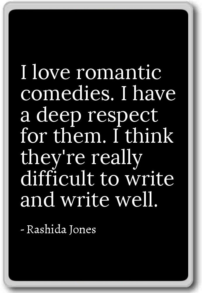 Rashida Jones 'I Love Romantic Comedies' Quote Fridge Magnet - Black Inspirational Office Decor for Fans & Movie Lovers - Perfect for Refrigerators, Lockers & Work Spaces