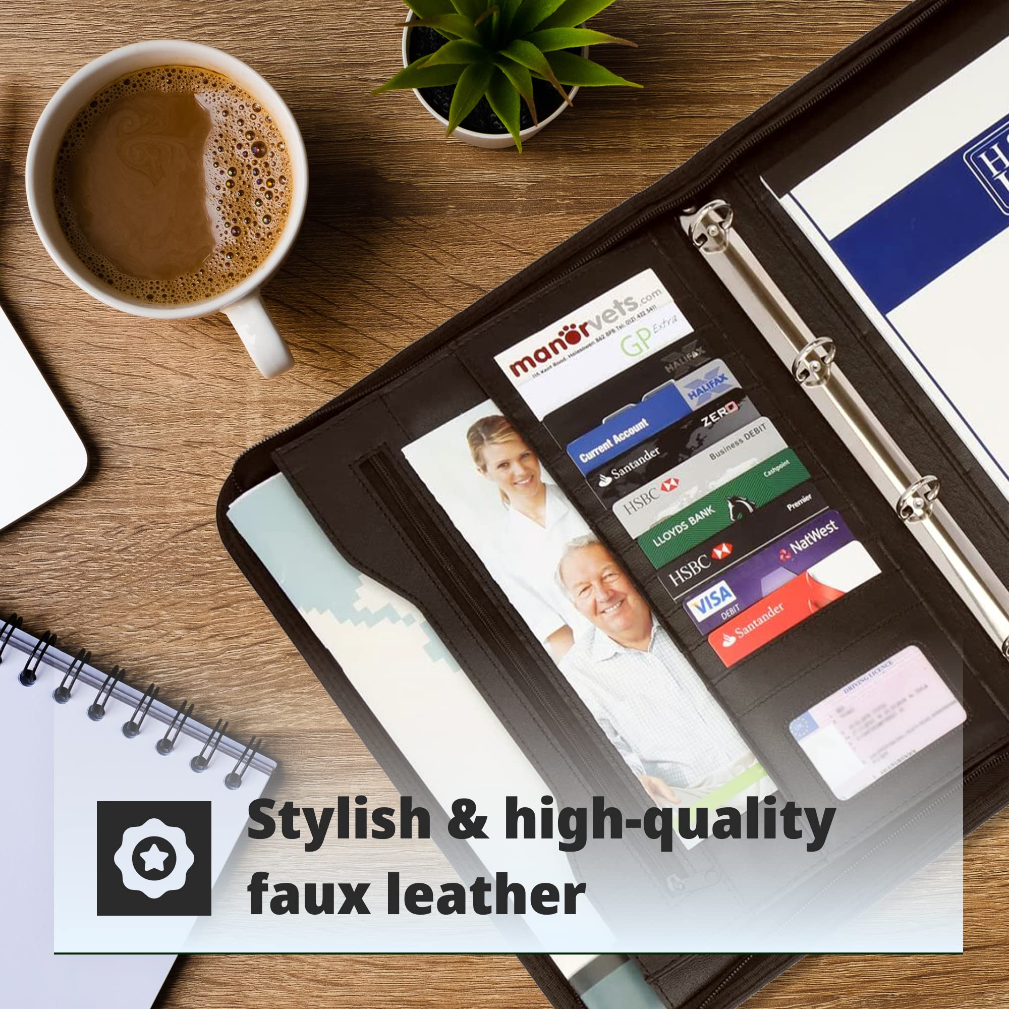 Premium A4 Zipped Portfolio Folder - Faux Leather Document Organizer with Ring Binder - Professional Conference Padfolio for Business Meetings & Office Use - Ideal for Presentations, Client Documents & Work Essentials