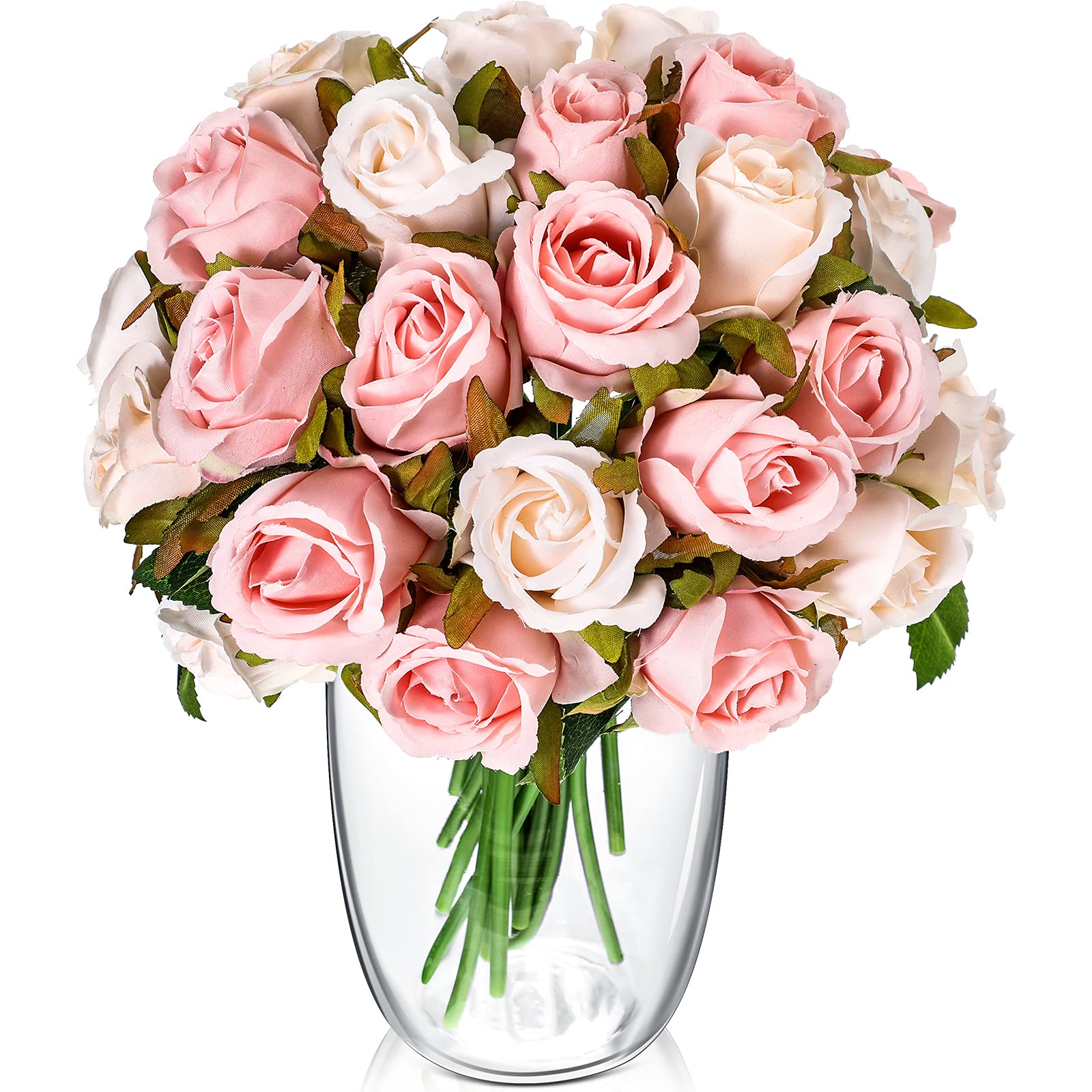 24-Piece Artificial Rose Flowers - Realistic Silk Roses with Leaves & Stems for DIY Wedding Bouquets, Bridal Shower Centerpieces, Home Decor (Champagne & Pink) - Perfect for Table Settings, Party Decorations, and Romantic Gift Arrangements