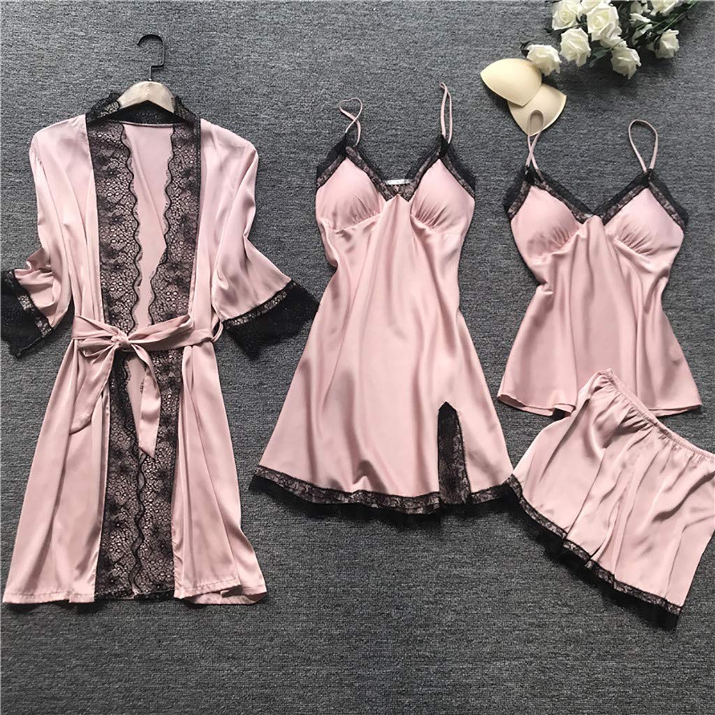 Women's 4-Piece Satin Pajama Set with Floral Lace Trim - Soft Comfy Sleepwear & Robe - Sexy Nightgown Lingerie for Valentine's Day, Anniversary Gift or Relaxing at Home