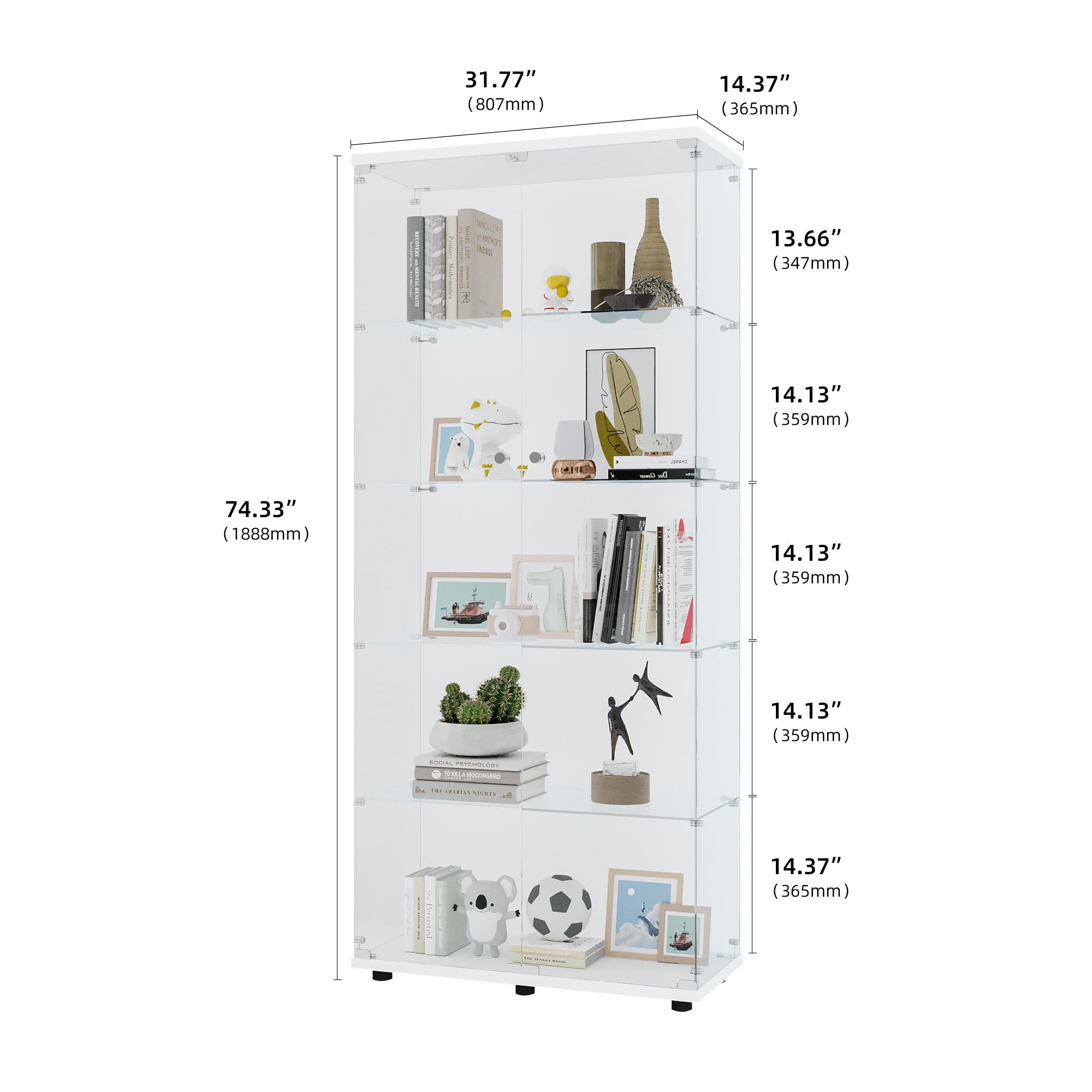 5 Shelf Glass Display Cabinet with Double Doors - 74