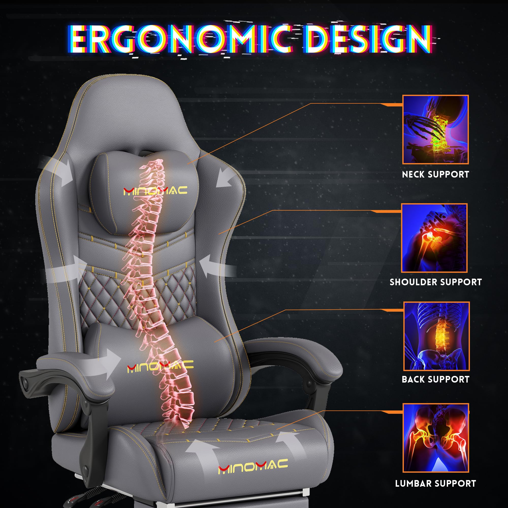 Premium Ergonomic Gaming Chair with Adjustable Footrest & Lumbar Support - 400lbs Weight Capacity, Breathable PU Leather, 155° Reclining Computer Chair for Adults (Grey) - Perfect for Long Gaming Sessions, Home Office & Esports Tournaments