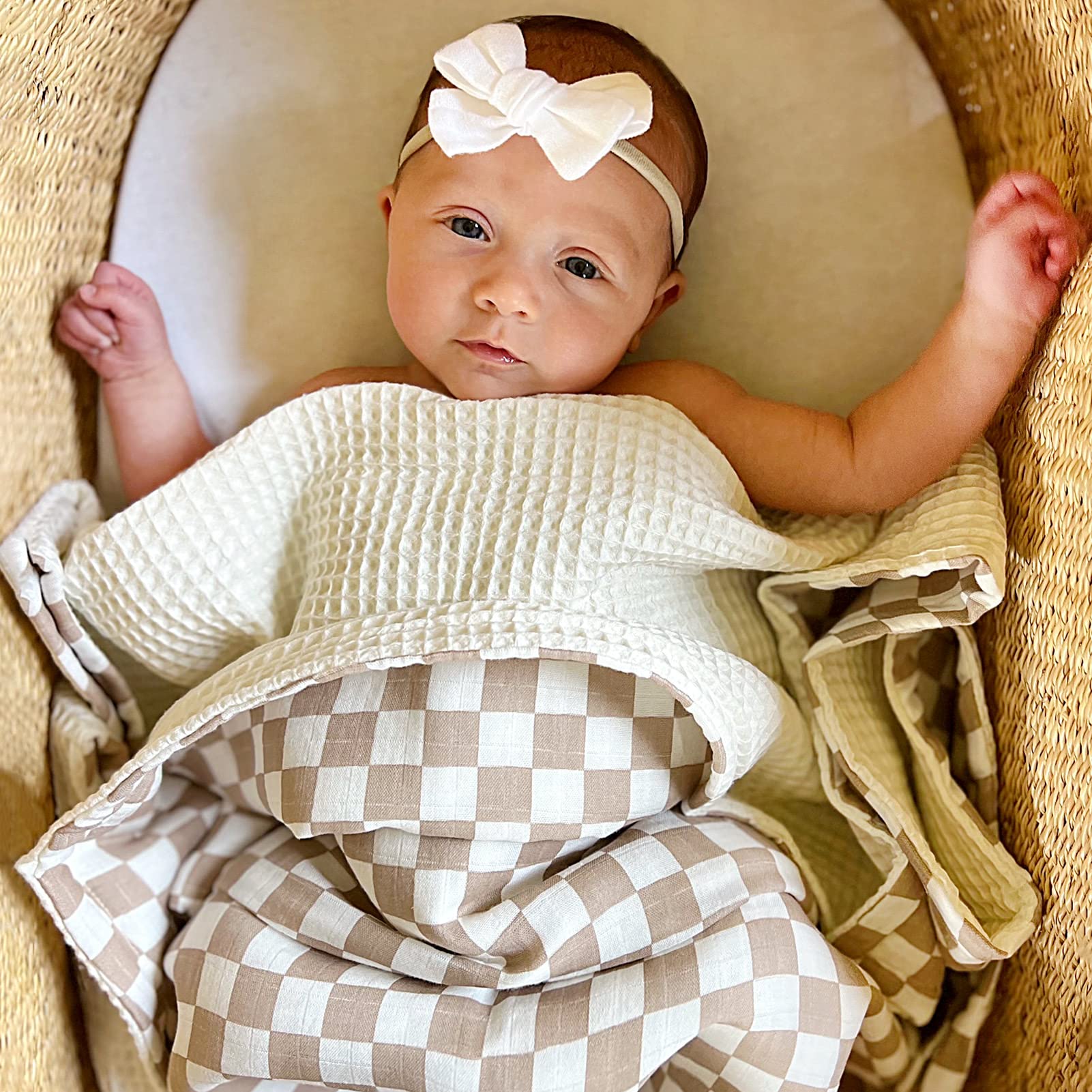 LifeTree Waffle Baby Blankets - Soft 2-Layer Muslin & Waffle Swaddle Blankets for Boys & Girls, Neutral Checkered Crib & Stroller Blanket for Newborns - Perfect for Nursery, Baby Showers & On-the-Go Comfort