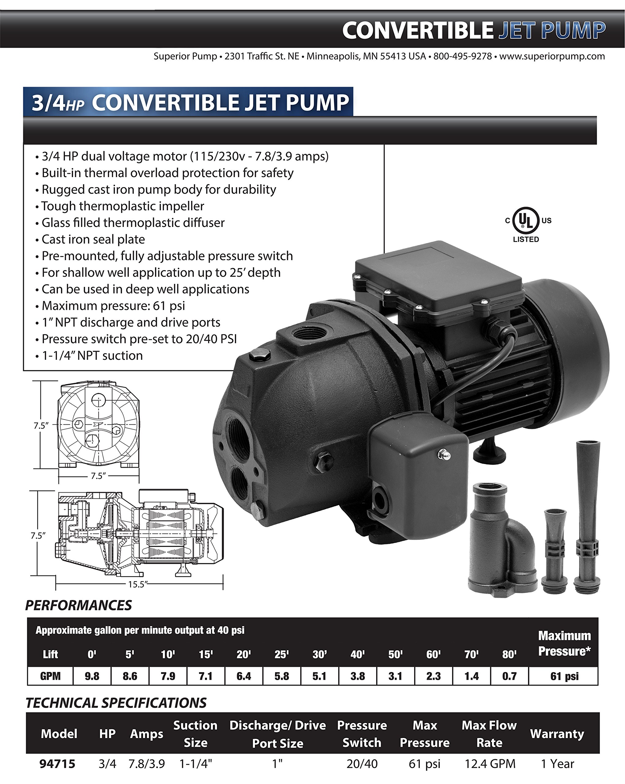 Superior Pump 94715 3/4 HP Cast Iron Convertible Jet Pump - High Performance Water Pump for Home, Farm & Irrigation Use | Durable & Reliable Water Transfer Solution