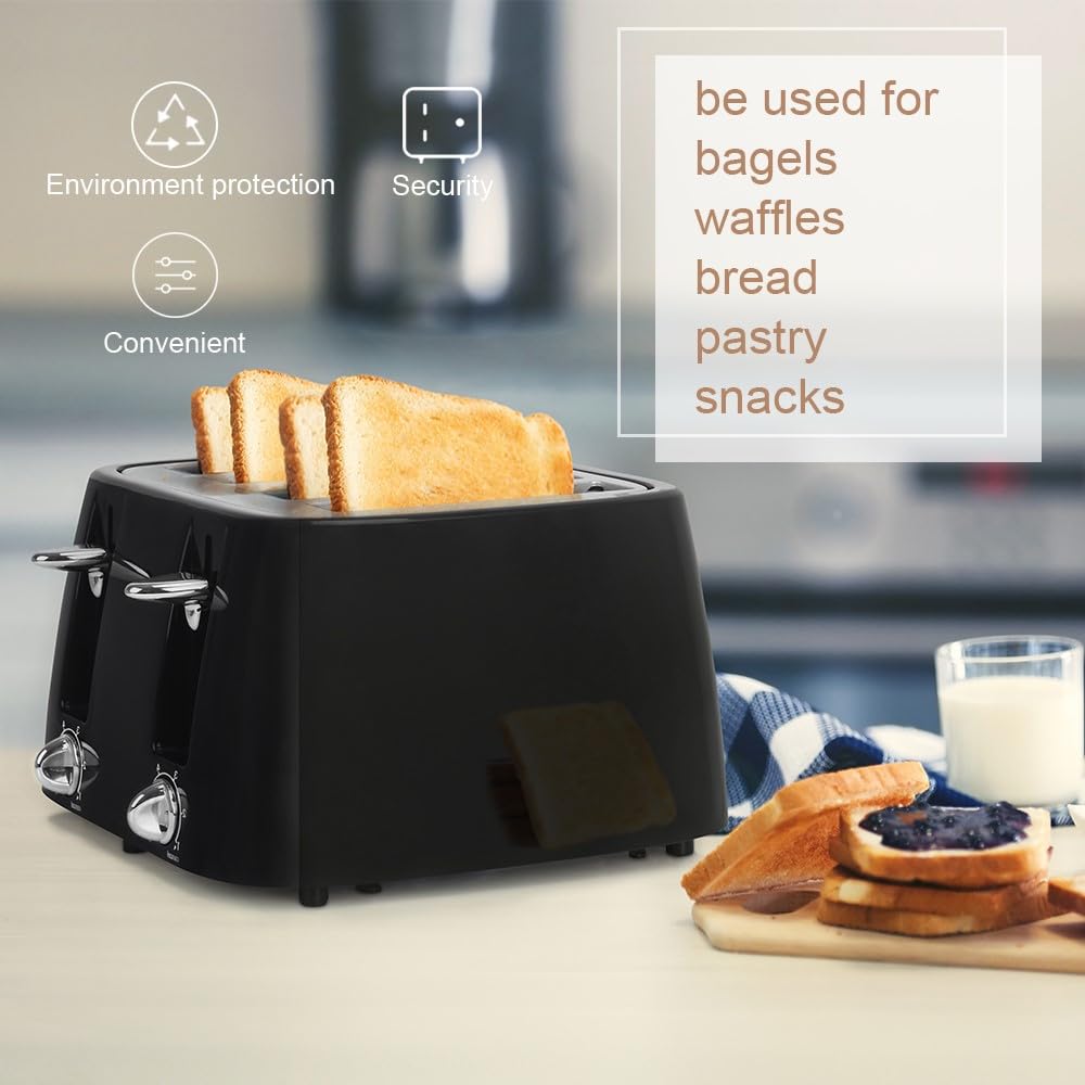 4 Slice Toaster with Extra Wide Slots - 6 Browning Settings & Cancel Function - Perfect for Bagels, Bread, Puff Pastry & Snacks - Ideal for Breakfast, Office & Small Baking - Black