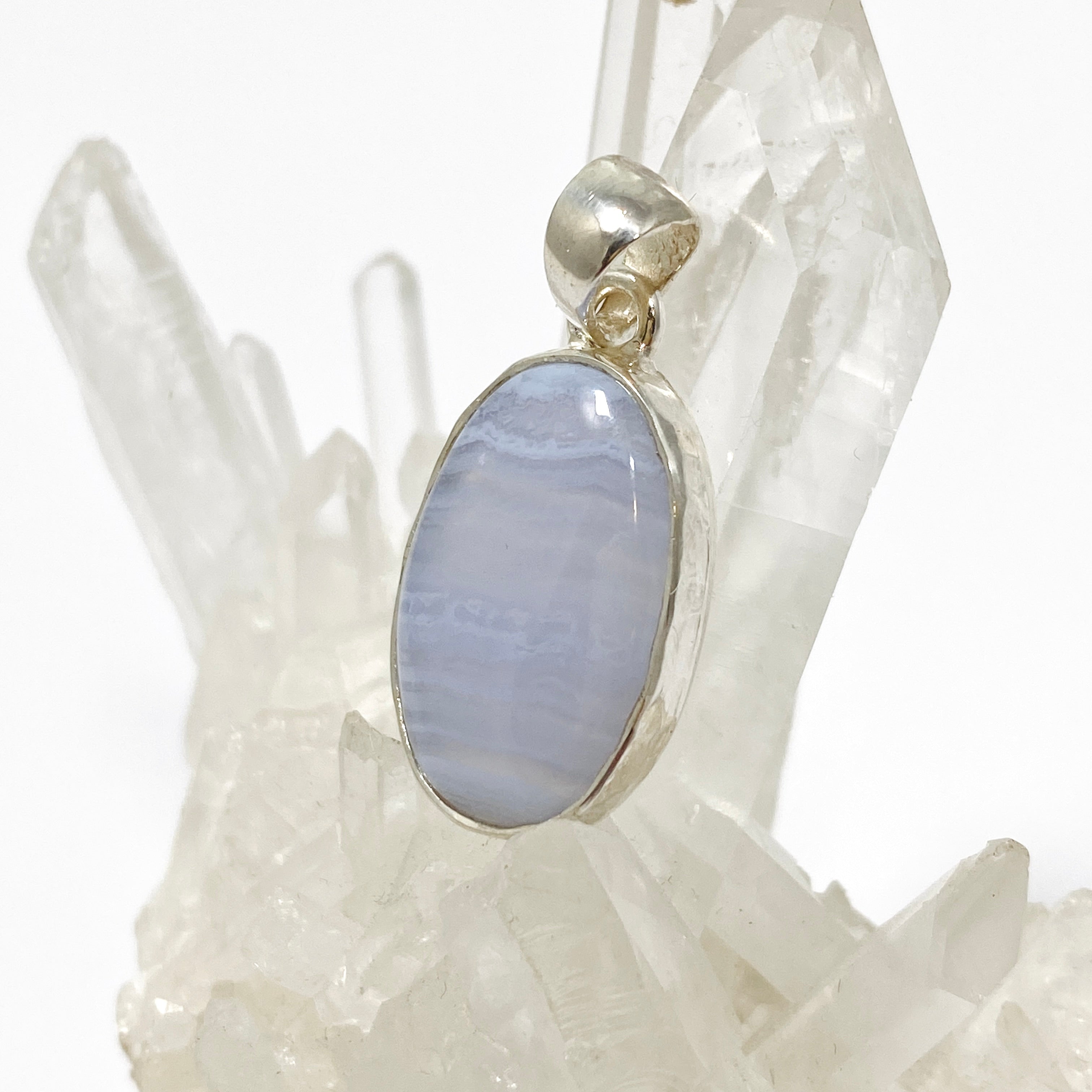Blue Lace Agate Oval Cabochon Pendant in Hammered Sterling Silver Setting KPGJ4818 - Perfect for Boho Jewelry & Spiritual Healing