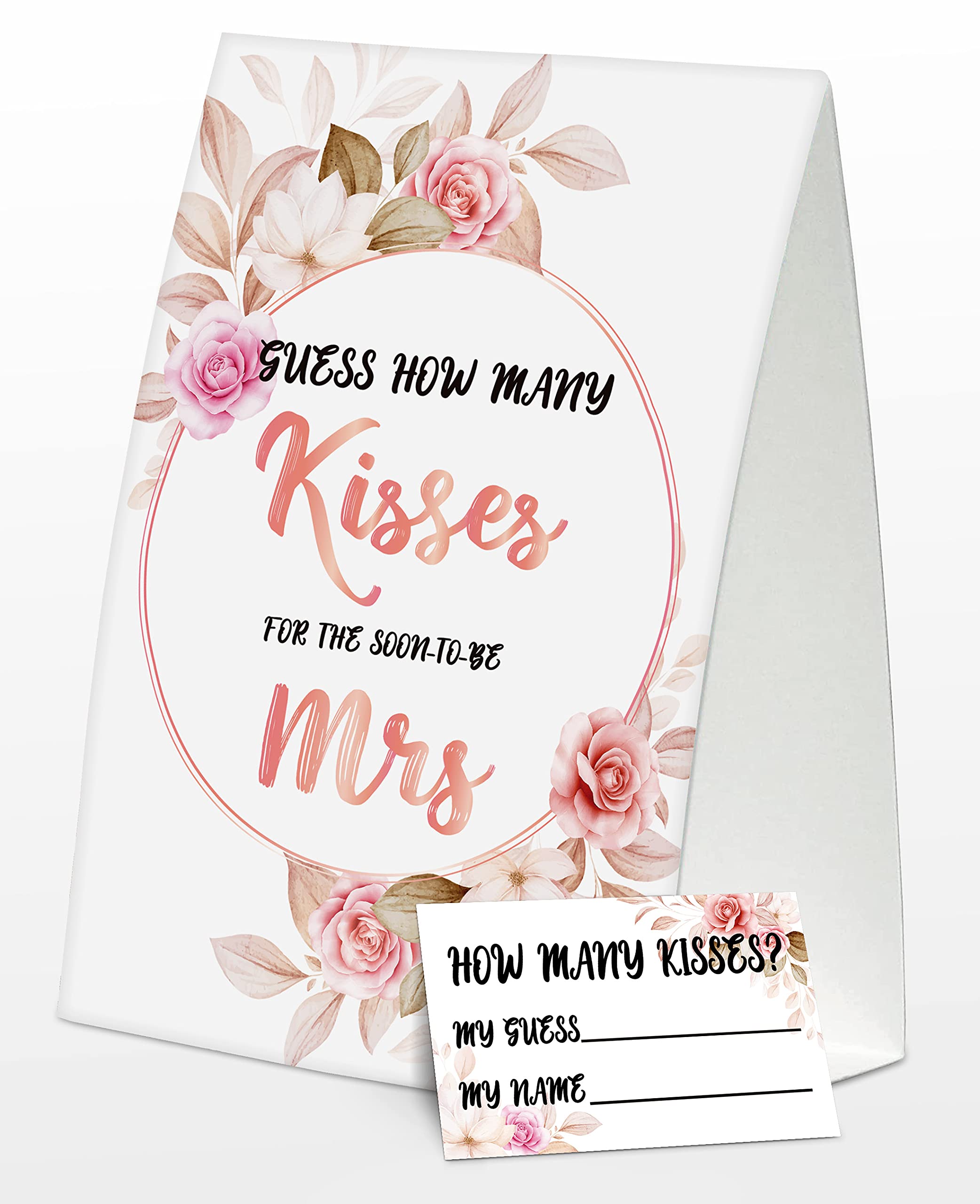 Guess How Many Kisses Bridal Shower Game Kit - Includes 1 Standing Sign & 50 Cards - Floral Wreath Design (A027-Kiss) - Fun Wedding Shower Activity for Bridesmaids & Guests