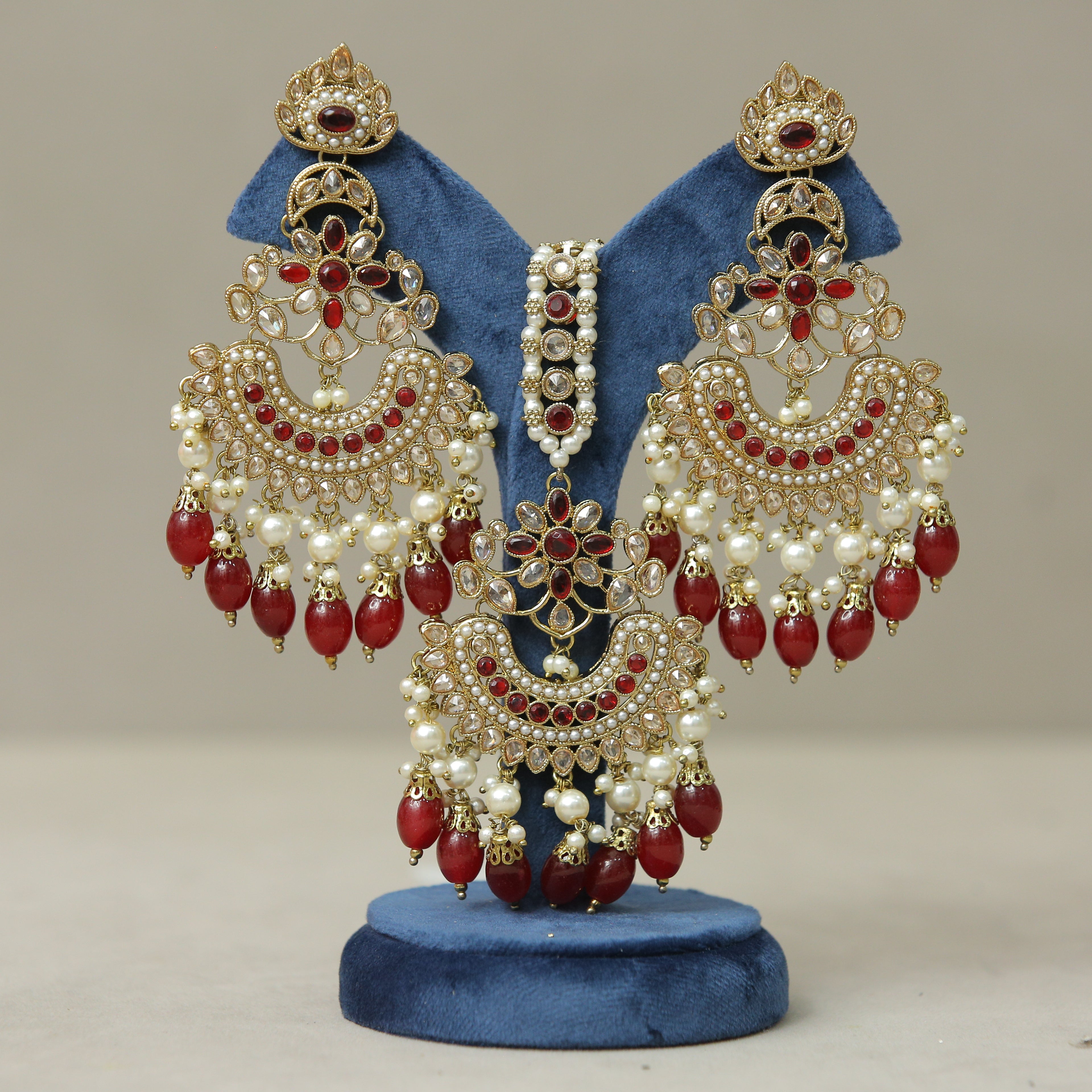 Anavi Polki Earrings and Tikka Set - Traditional Indian Bridal Jewelry for Weddings, Festivals & Special Occasions