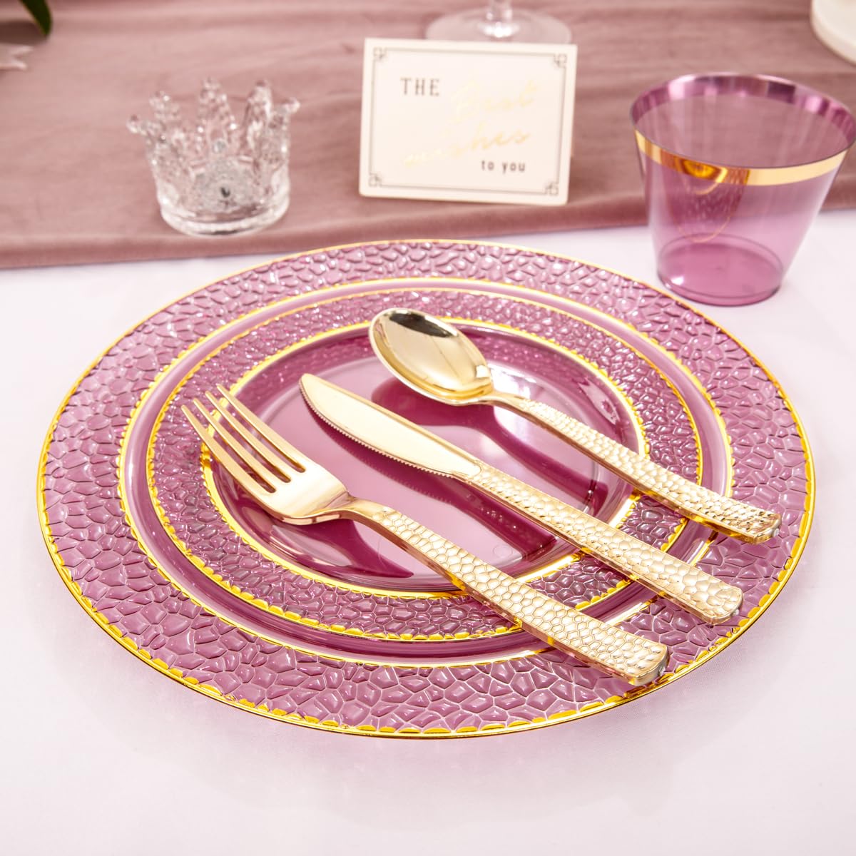 150-Piece Clear Purple & Gold Plastic Party Tableware Set - 25 Dinner Plates, 25 Dessert Plates, 25 Cups, 25 Forks, 25 Knives, 25 Spoons - Elegant Wedding, Birthday & Special Event Disposable Tableware for Easy Cleanup