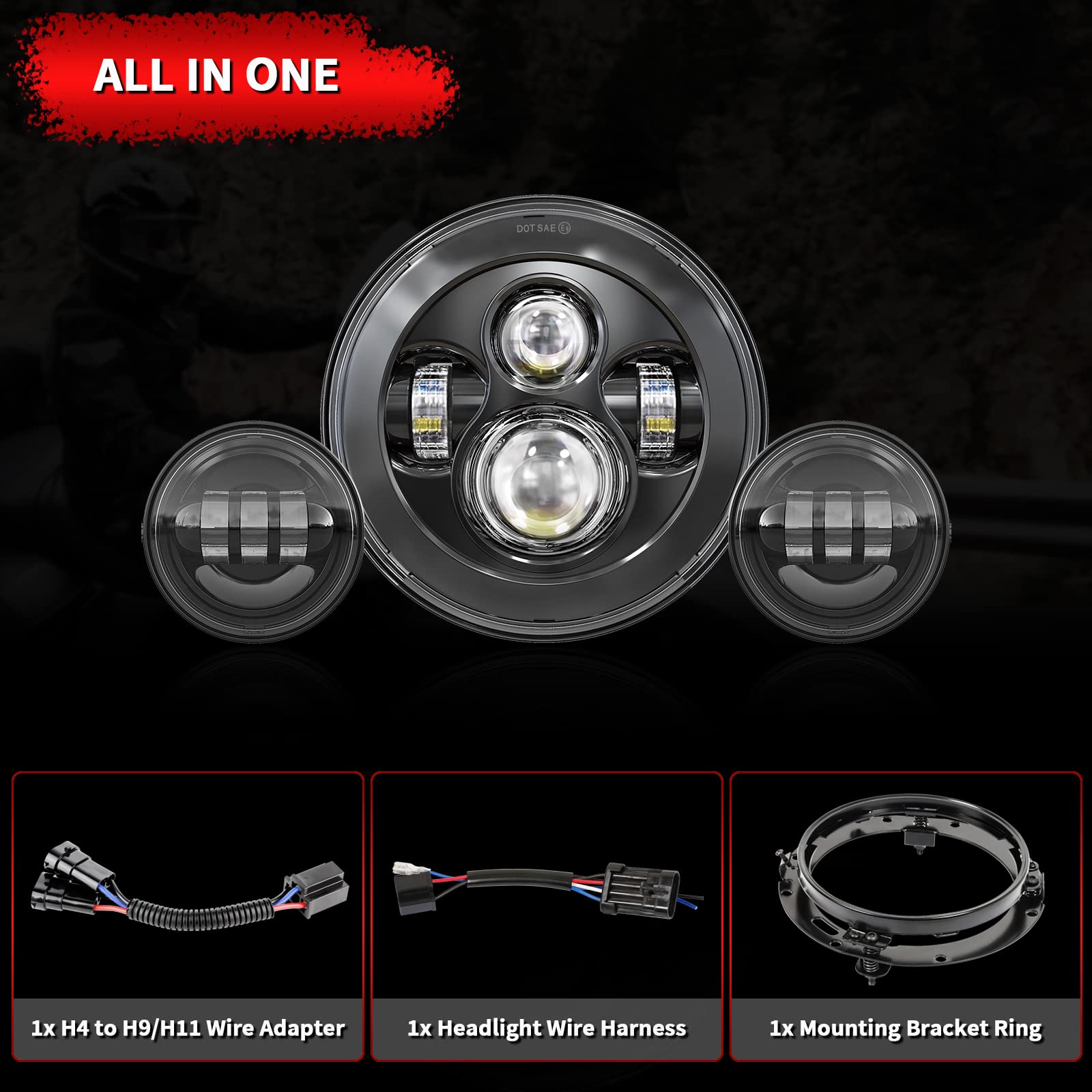 Wisamic 7inch LED Motorcycle Headlight & 4.5inch Fog Lights with Mounting Ring - Compatible with Harley Davidson Road King, Ultra Classic, Electra Glide, Street Glide, Softail Deluxe, Fatboy (Black) - High Visibility for Night Riding & Bad Weather Conditions