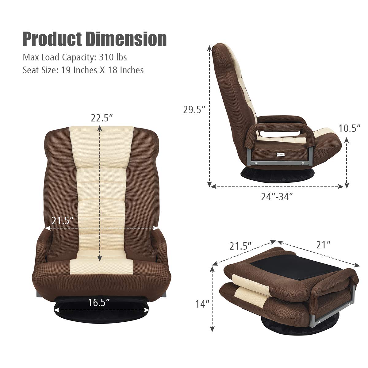 Giantex 360 Degree Swivel Floor Chair - Adjustable Backrest with Lumbar Support & Armrests, Foldable Lazy Sofa Rocker for Living Room, Bedroom, Gaming, TV Watching, Reading - Beige/Brown Home Comfort Chair