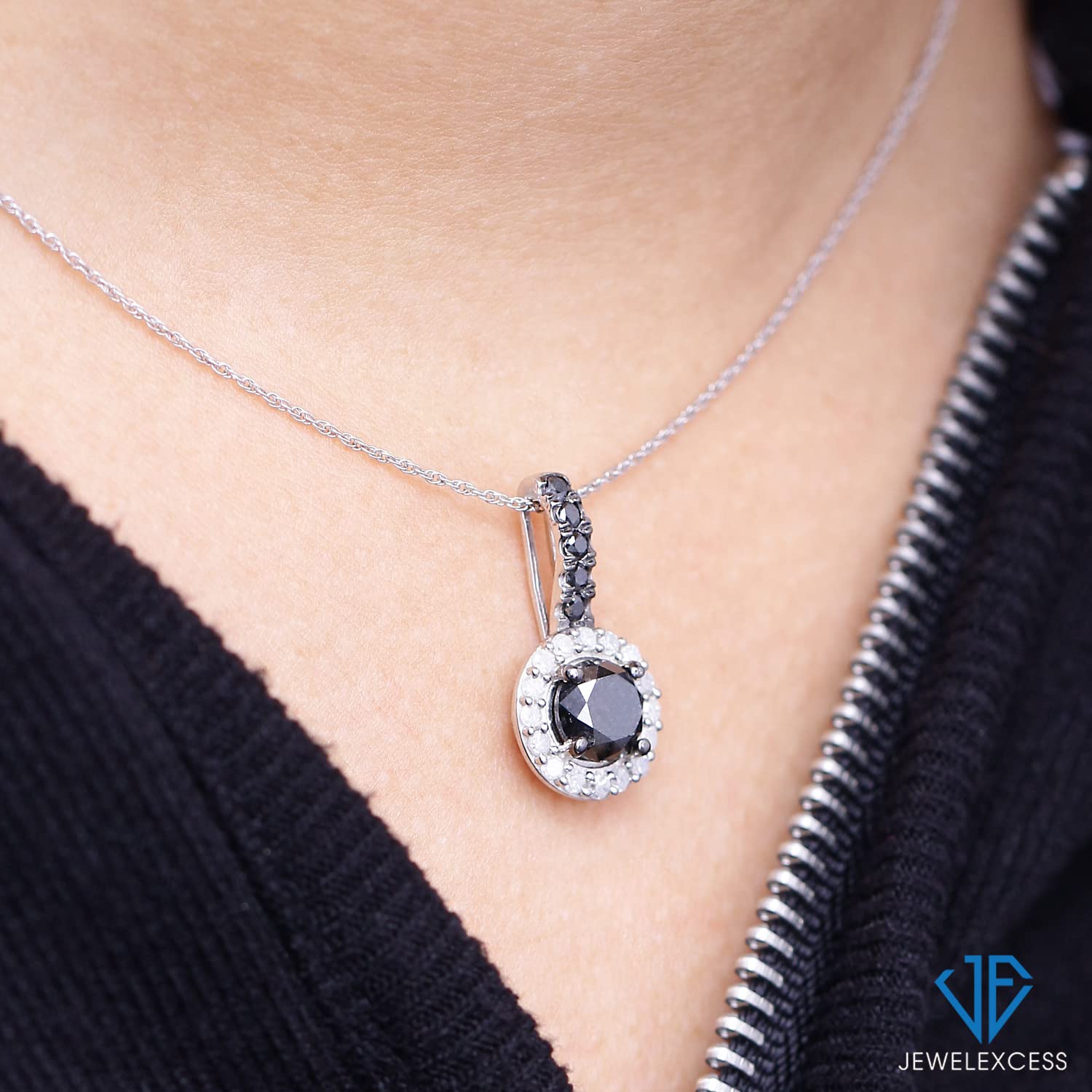 JEWELEXCESS 2.00CTW Black & White Diamond Halo Pendant Necklace for Women - Sterling Silver Diamond Jewelry - Elegant Birthday Gift for Her - Perfect for Anniversaries, Parties & Special Occasions
