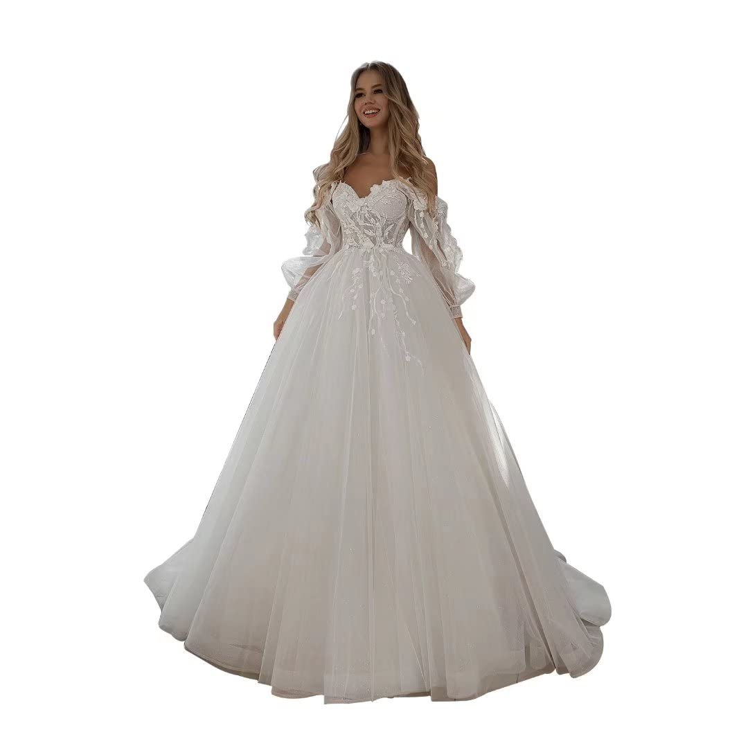 Elegant Sweetheart Neckline Off-Shoulder Long Sleeve Wedding Dress with Appliques - Beach Ball Gown for Bride 2022 | Perfect for Beach Weddings, Destination Ceremonies & Romantic Photos