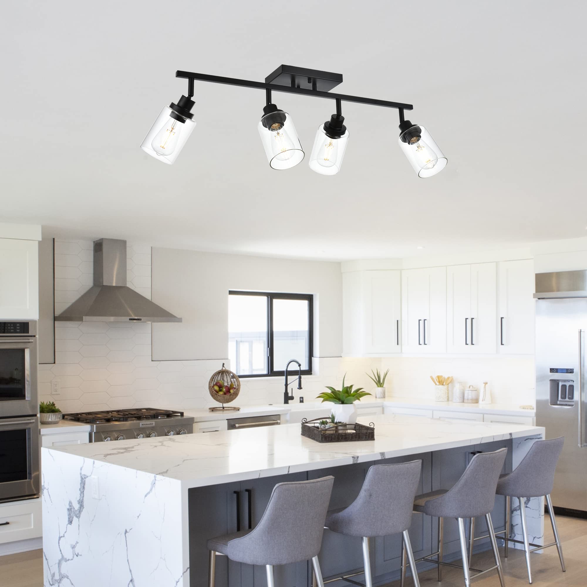 MELUCEE 4-Light Matte Black Track Lighting Kit - Ceiling Spotlight Fixture with Clear Glass Shade for Bathroom, Hallway, Foyer & Storage Areas - Modern Home & Office Lighting Solution