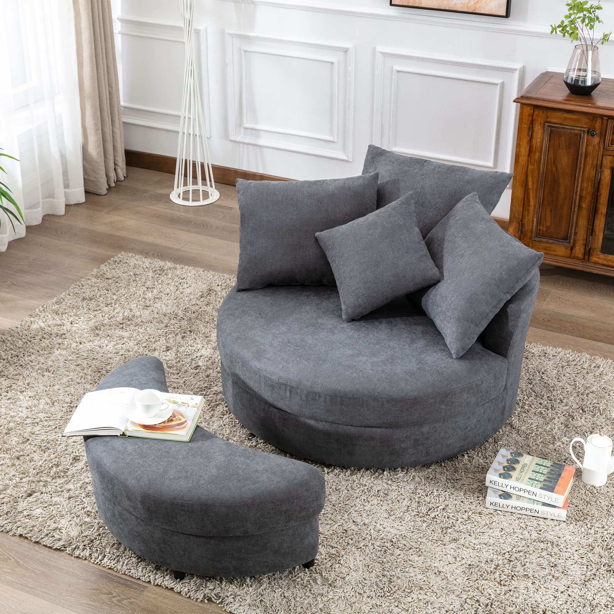 360° Swivel Barrel Chair with Storage Ottoman - Modern Accent Sofa with 4 Removable Pillows, Round Lounge Chair in Linen Fabric for Living Room, Bedroom & Hotel Use - Dark Gray Home Decor & Reading Nook Essential