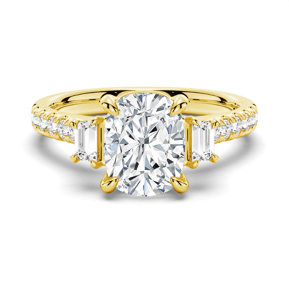 Three Stone Cushion & Half Moon Moissanite Engagement Ring with Pavé Band - Elegant Wedding Jewelry for Proposals, Anniversaries & Special Occasions