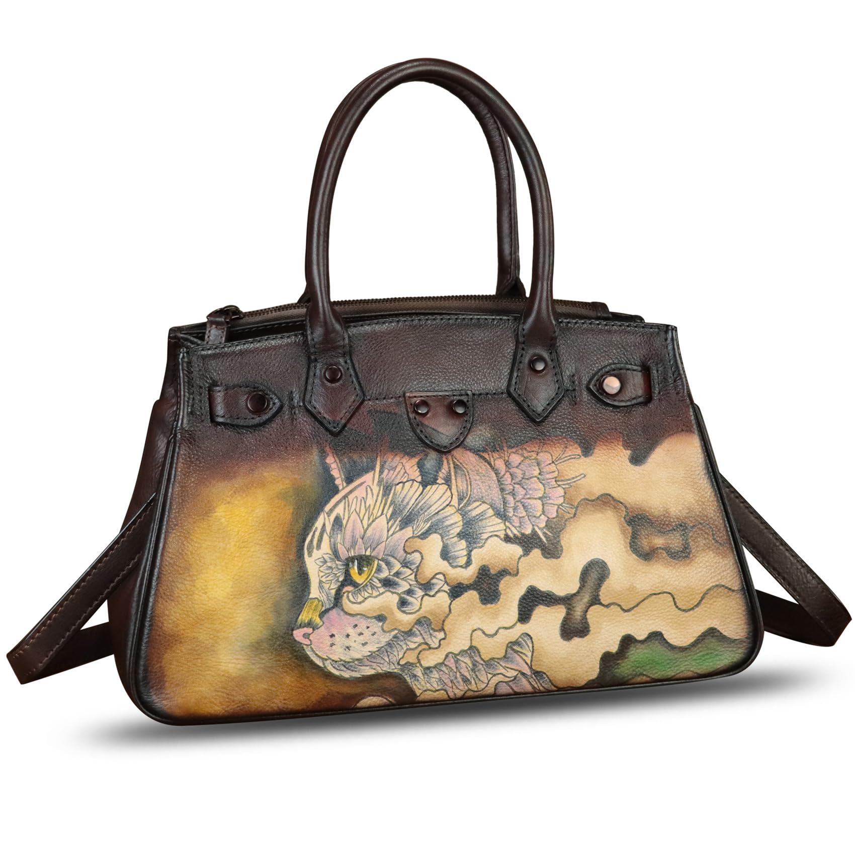 Handmade Genuine Leather Satchel for Women - Hand Painted Top Handle Crossbody Purse & Work Tote Bag - Perfect for Office, Travel & Everyday Use