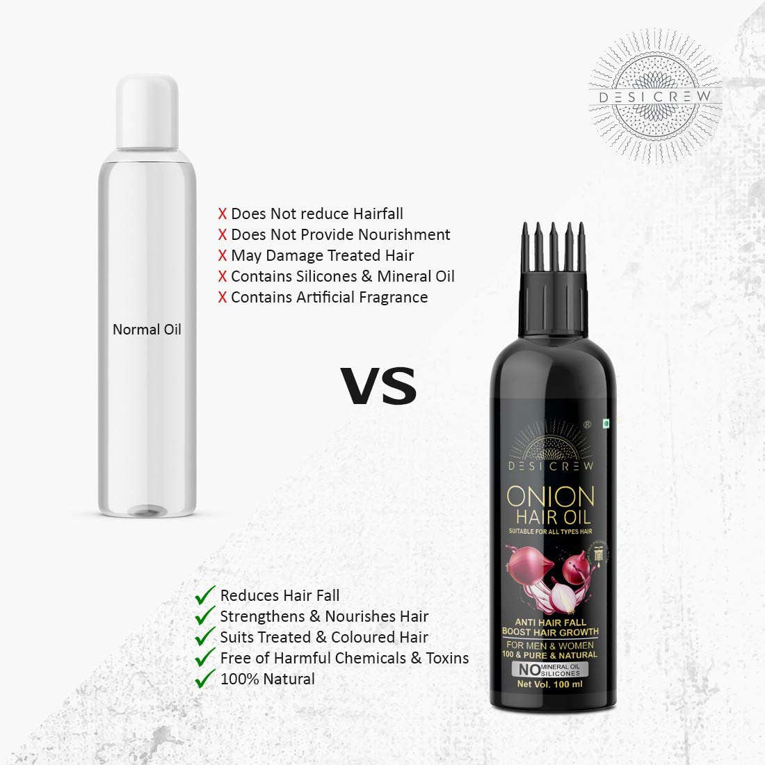 Desi Crew 100% Pure Cold Pressed Onion Hair Oil for Hair Growth & Hair Fall Control - No Mineral Oil & Silicones - With Comb Applicator - 100ml - Perfect for Daily Hair Care & Scalp Massage
