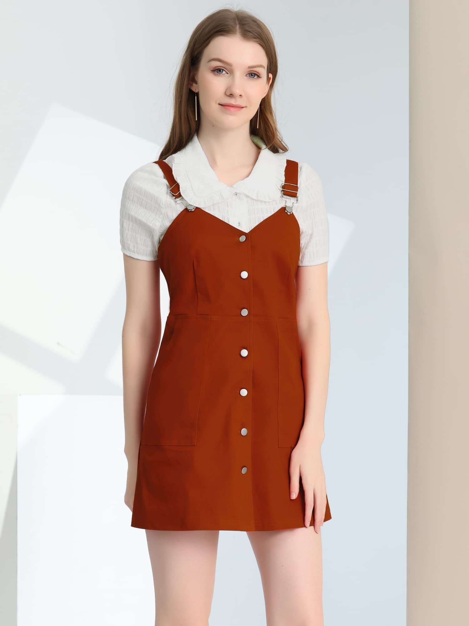 Allegra K Women's Adjustable Strap Cotton Pinafore Jumper Dress with Pockets - Casual Button Down Overalls for Spring & Summer Outfits