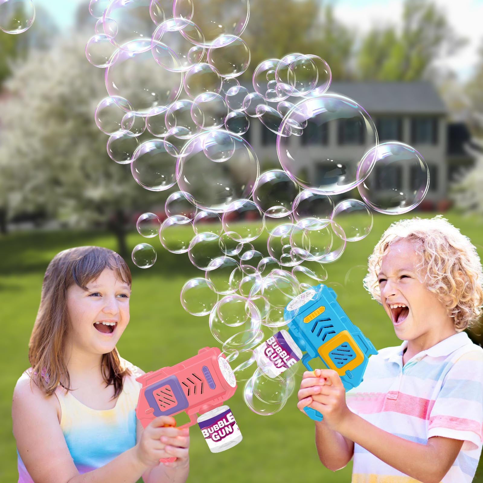 2 Pack Bubble Machine Gun for Kids - Automatic Bubble Blaster with Bubble Solution for Toddlers 1-3 | Summer Outdoor Toys, Birthday Party Favors, Backyard Play, Park Fun & Poolside Entertainment