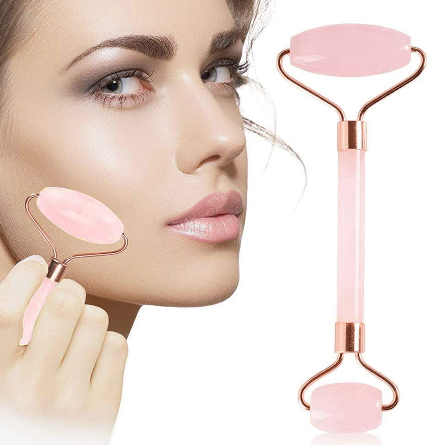 Premium RUGDOLL Aikon Jade & Quartz Face Roller - Natural Facial Massager for Skin Care, Anti-Aging & Microcirculation | Handcrafted Pink Stone Roller for Glowing Skin | Perfect for Morning Routine & Nighttime Skincare Regimen
