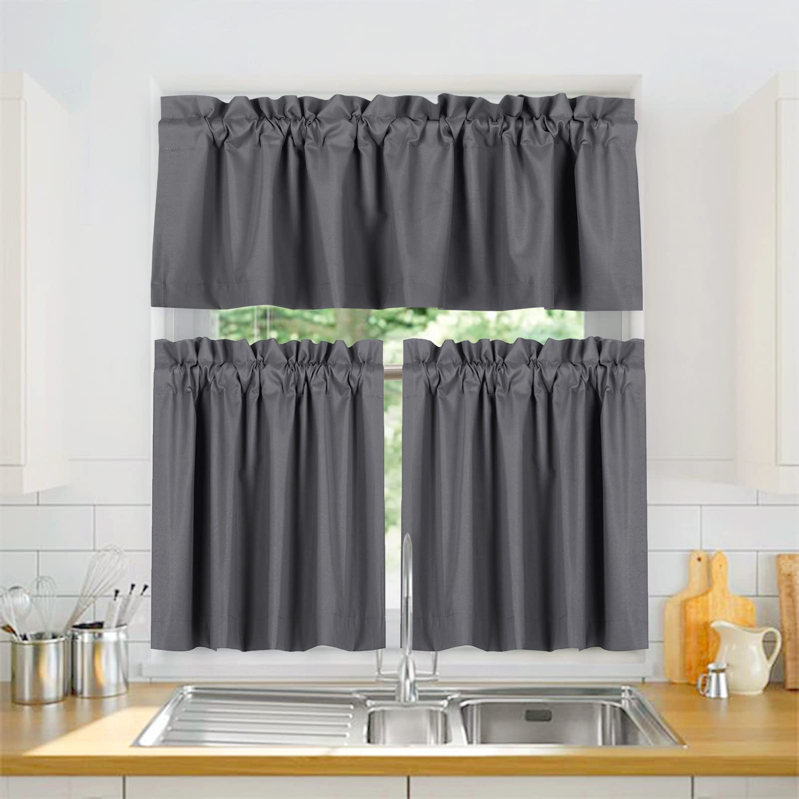 Valea Home Blackout Curtains Set for Kitchen - 24 Inch Length Grey Window Valance & Tier Panels | Energy Efficient Light Blocking for Better Sleep & Privacy