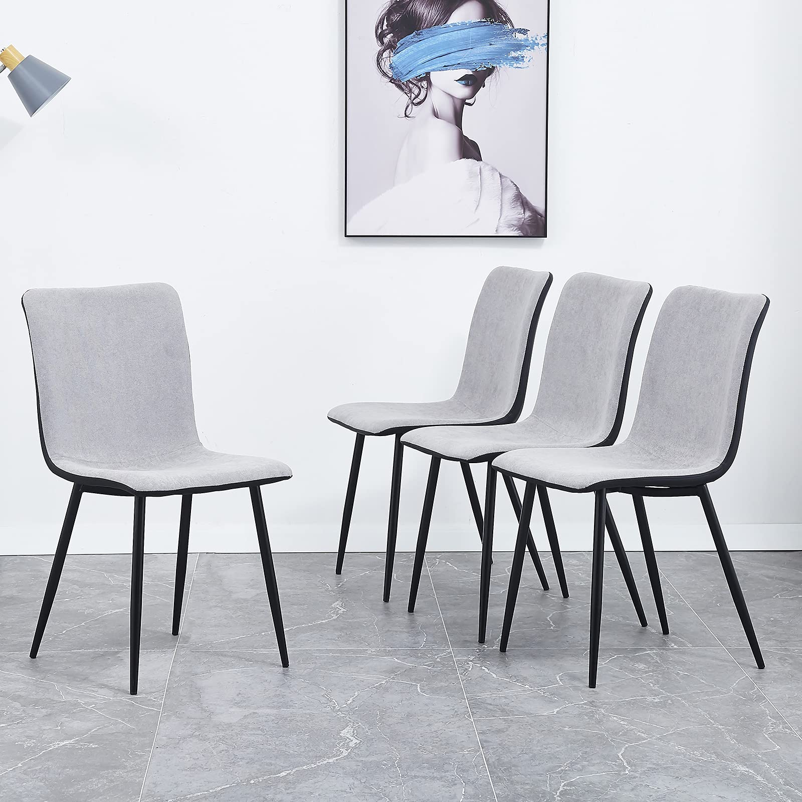 Yoluckea Mid Century Modern Dining Chairs Set of 4 - Upholstered Kitchen Side Chairs with Sturdy Metal Legs & Fabric Cushion Seats for Dining Room, Kitchen, Restaurant or Living Room - Gray & Black - Perfect for Home Dining, Entertaining Guests & Restaurant Seating