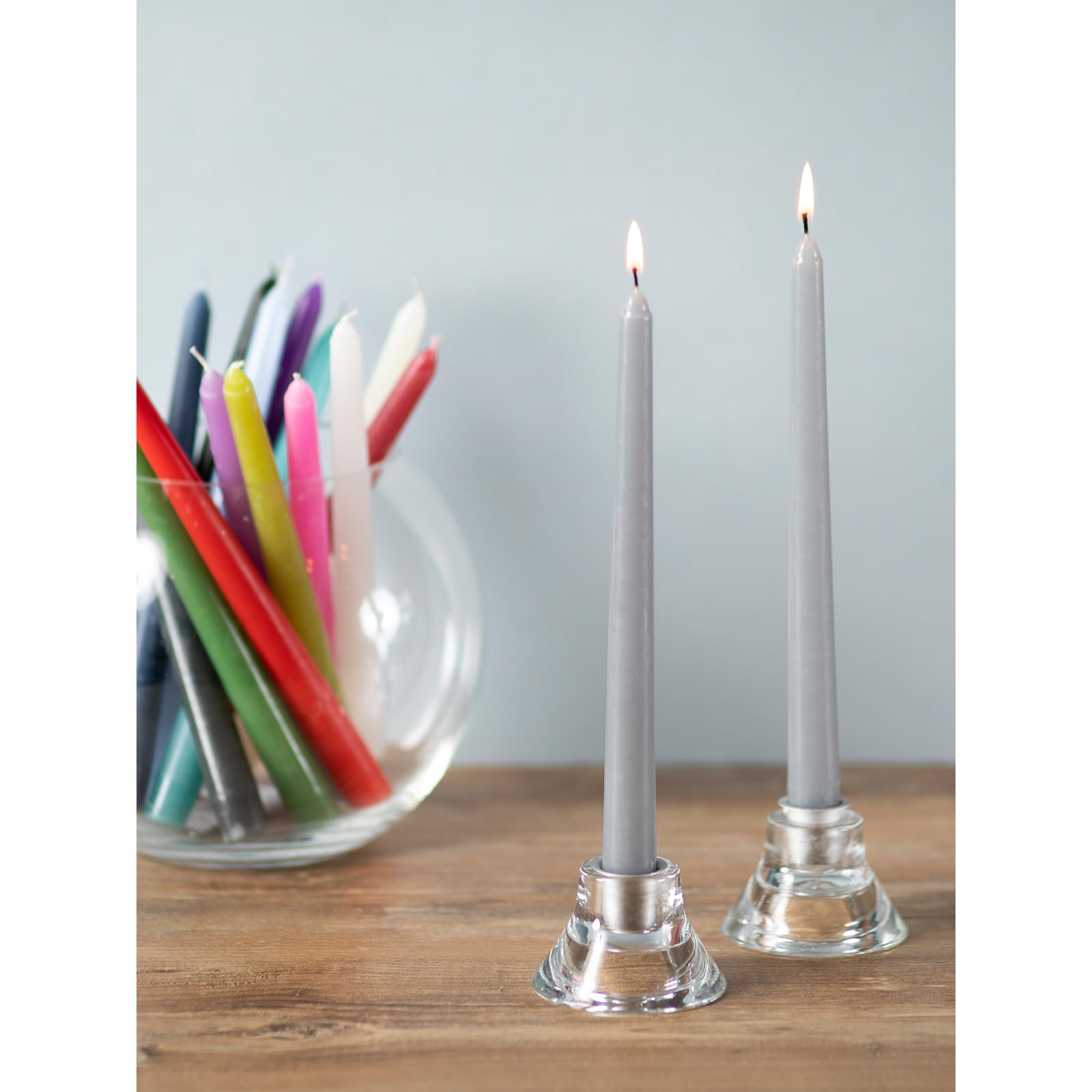 CANDWAX 12 Inch Unscented Taper Candles - Set of 12 Dripless Smokeless Slow Burning Candlesticks in Light Gray for Dining Table, Wedding Decor & Romantic Ambiance